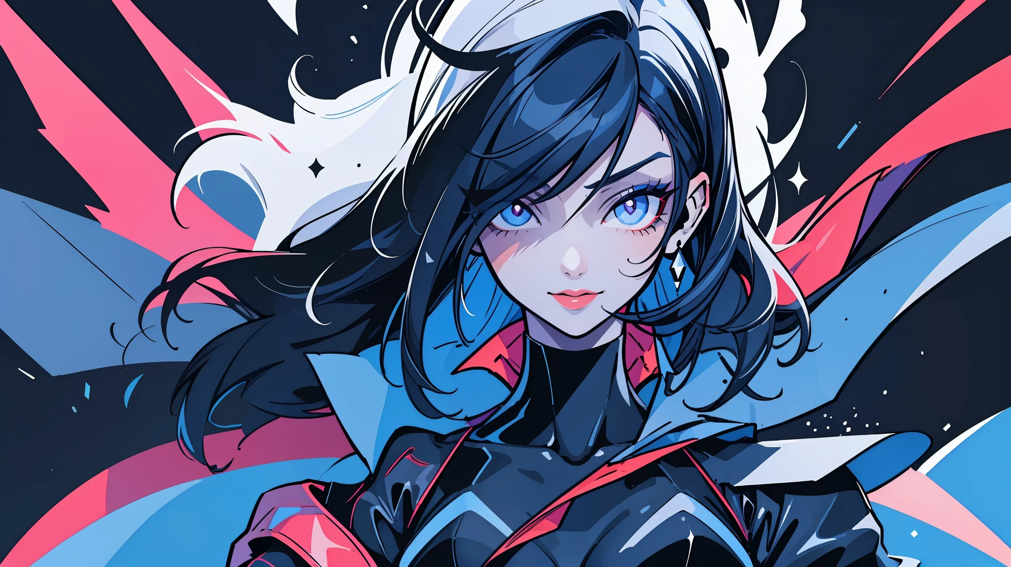 ((1girl)), (digital painting), (no lines art), (flat colors), (mature anime girl), (eye focus), (facing viewer), digital brush strokes, dark atmosphere, simple background, evil and sexy smile, long eyelashes, dark makeup, detailed eyeliner, simple shading, cyberpunk jacket, diamond shapes,