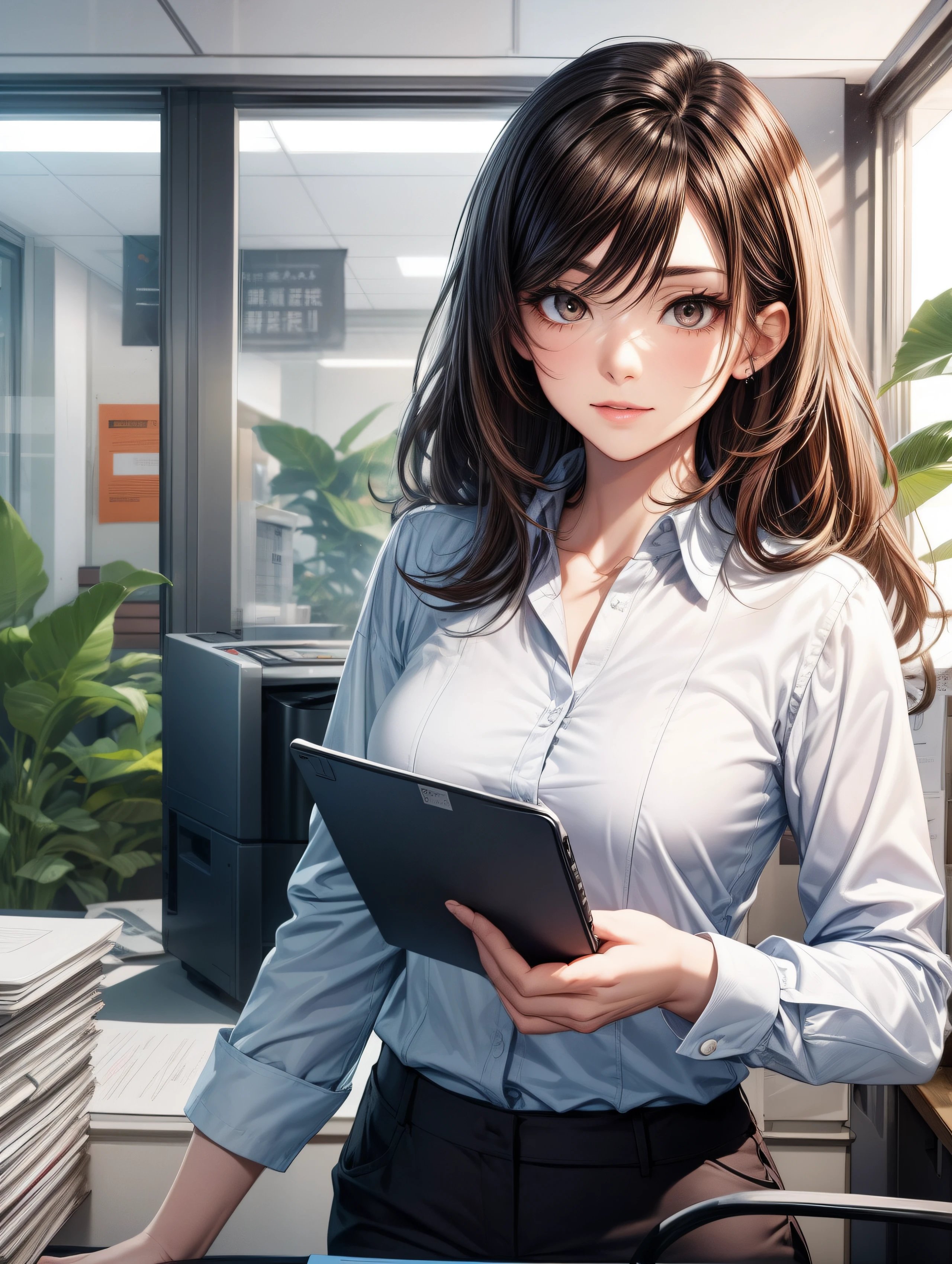 melhor qualidade, mesa, mulheres maduras bonitas、Rosto bonito、Mulher de mente forte、office suits、cabelos castanhos、Olhos castanhos、Cabelo comprido、Olhos subdimensionados、Corpo inteiro como、desk、Fotocopiadora comercial、Photocopier available