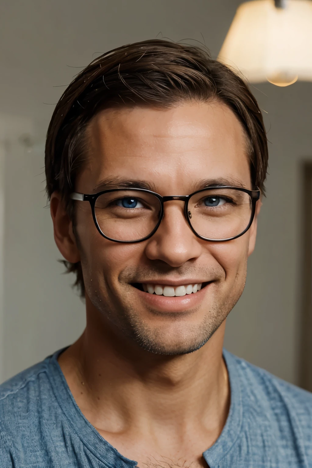 portrait 40 years old american man smiles. Light skin, light hair, blue eyes with eyeglasses
