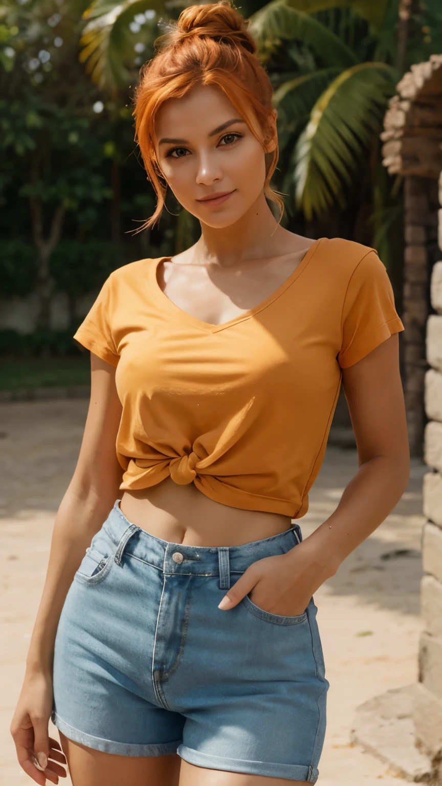 ((melhor qualidade)), ((obra de arte)), (detalhado), perfect face Beautiful and sexy Russian woman with olhos castanhos, short bright orange hair tied into a messy bun, 25 anos de idade, cintura fina, very detalhado, rosto inocente, comprimento do rosto 1.2 vezes a largura do rosto, olhos amendoados, forma quadrada do rosto, high cheekbones, cabelo curto ondulado laranja brilhante, olhos castanhos, high resolution, obra de arte, melhor qualidade, detalhes intrincados, very detalhado, sharp focus, clear detalhado skin, realista skin textura, textura, detalhado eyes, profissional, 4k, sorriso charmoso , filmado com Canon, profundidade de campo, Kodak Vision Colors, corpo perfeitamente ajustado, extremely detalhado, ultra foto, photorealista, realista, post-processing, maximum detail, rugosidade, Vida real, ultrarealista, fotorrealismo, fotografia, 8K ultra-hd, fotografia . Agora, imagine essa mulher com um look casual enquanto curte um clima de futebol. She wears a relaxed black t-shirt from a favorite team, maybe a little loose for a comfortable feel. Correspondendo a isso, She wears shorts or jeans for a relaxed atmosphere, sporty feeling. Her orange hair is still tied up in a messy half bun., mantendo a praticidade e um estilo casual.