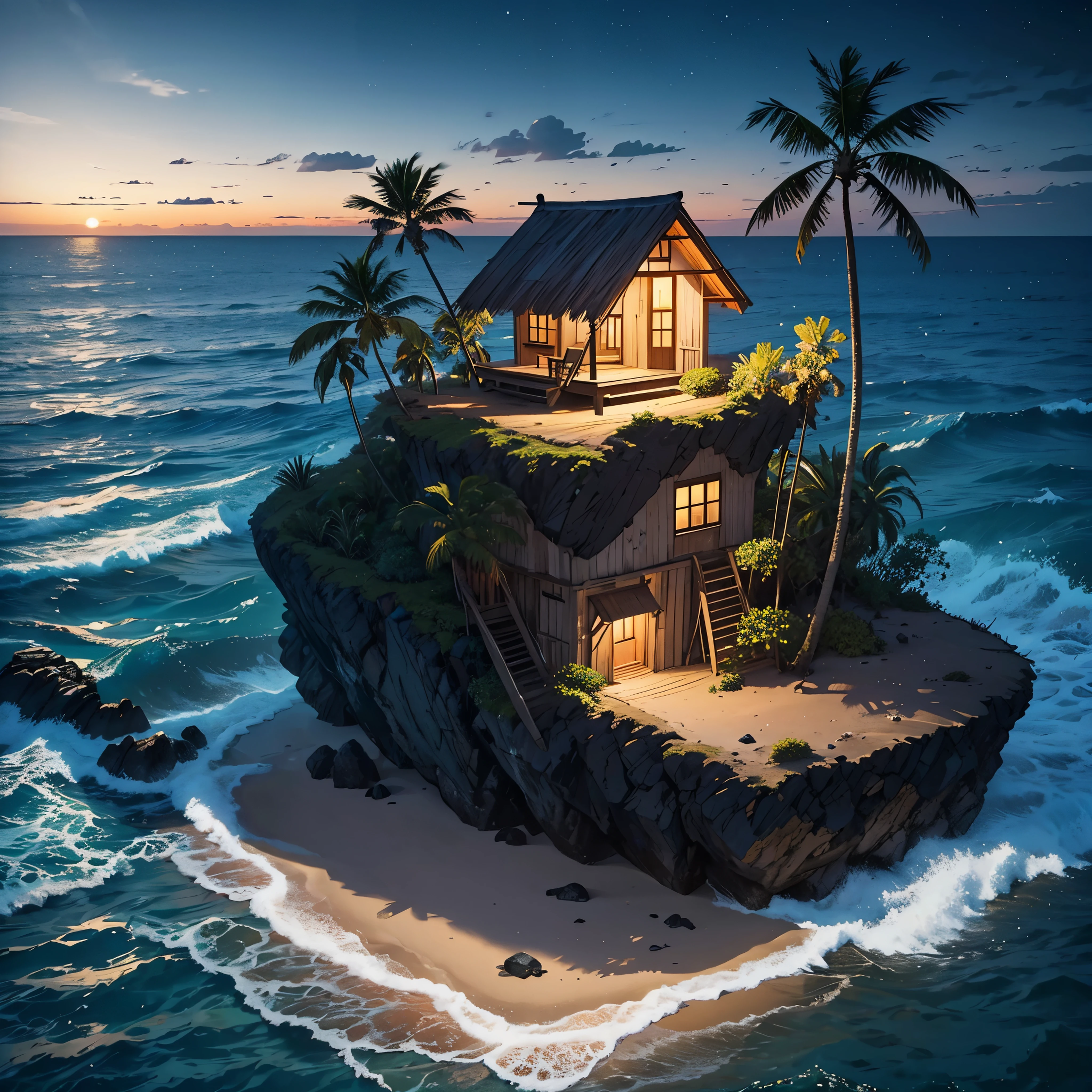  beautiful landscape, masterpiece, lonely old small fisherman shack in a beach, isolated desert island with palm trees at night, dark sky