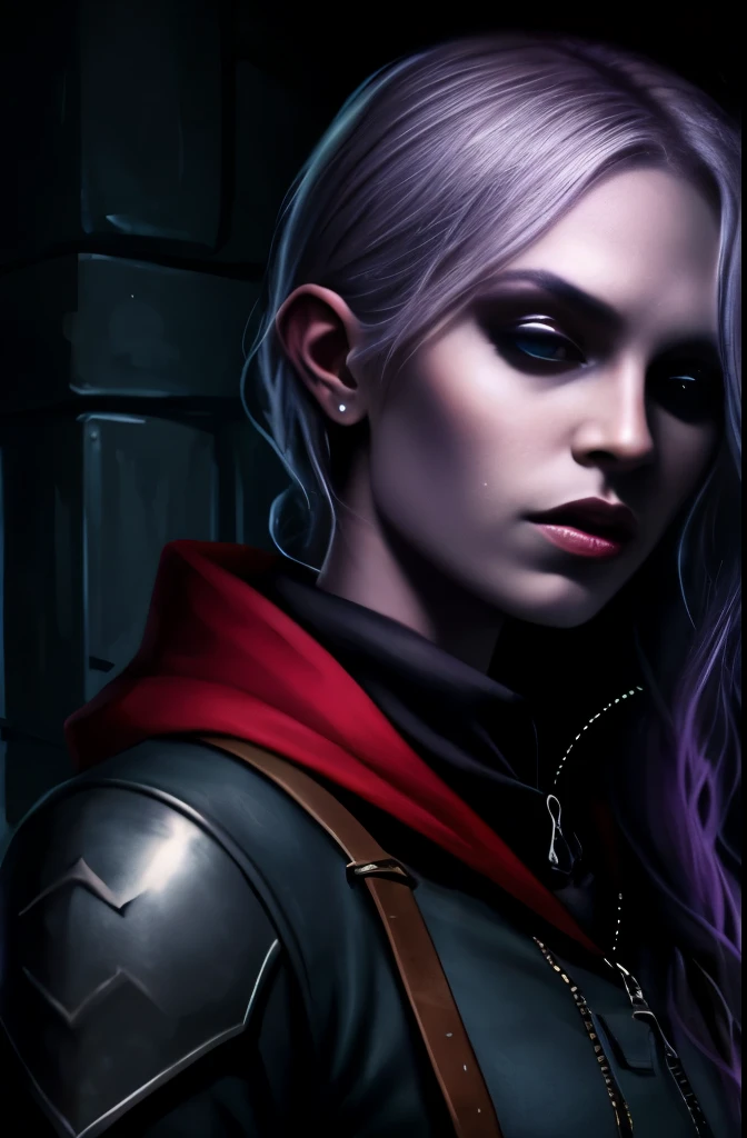 Portrait of female Drow demon Hunter, in a dark dungeon, fully clothed