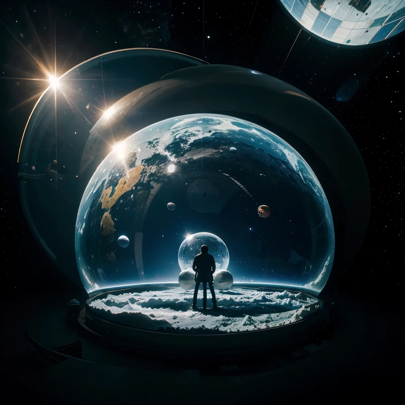 Generate images of people inside glass domes in outer space