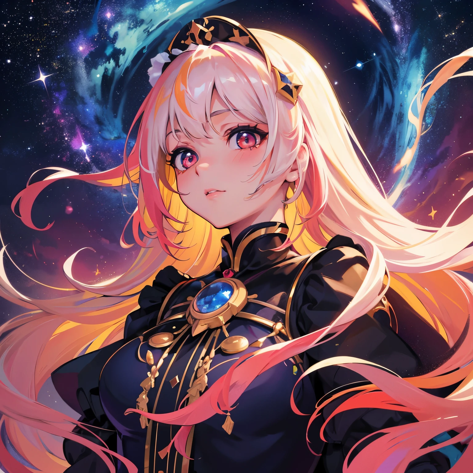 masterpiece, highest quality, masterpiece, Godlike quality, Godlike art, highly detailed face, whole body, very realistic, cute, young girl, Big eyes, long eyelashes, colorful hair, multicolored eyes, shiny skin, lip whole, big lips, shiny skin, blush, Nice views, in space, starry sky background, performer, dazzling light, Multicolored light, maid costume