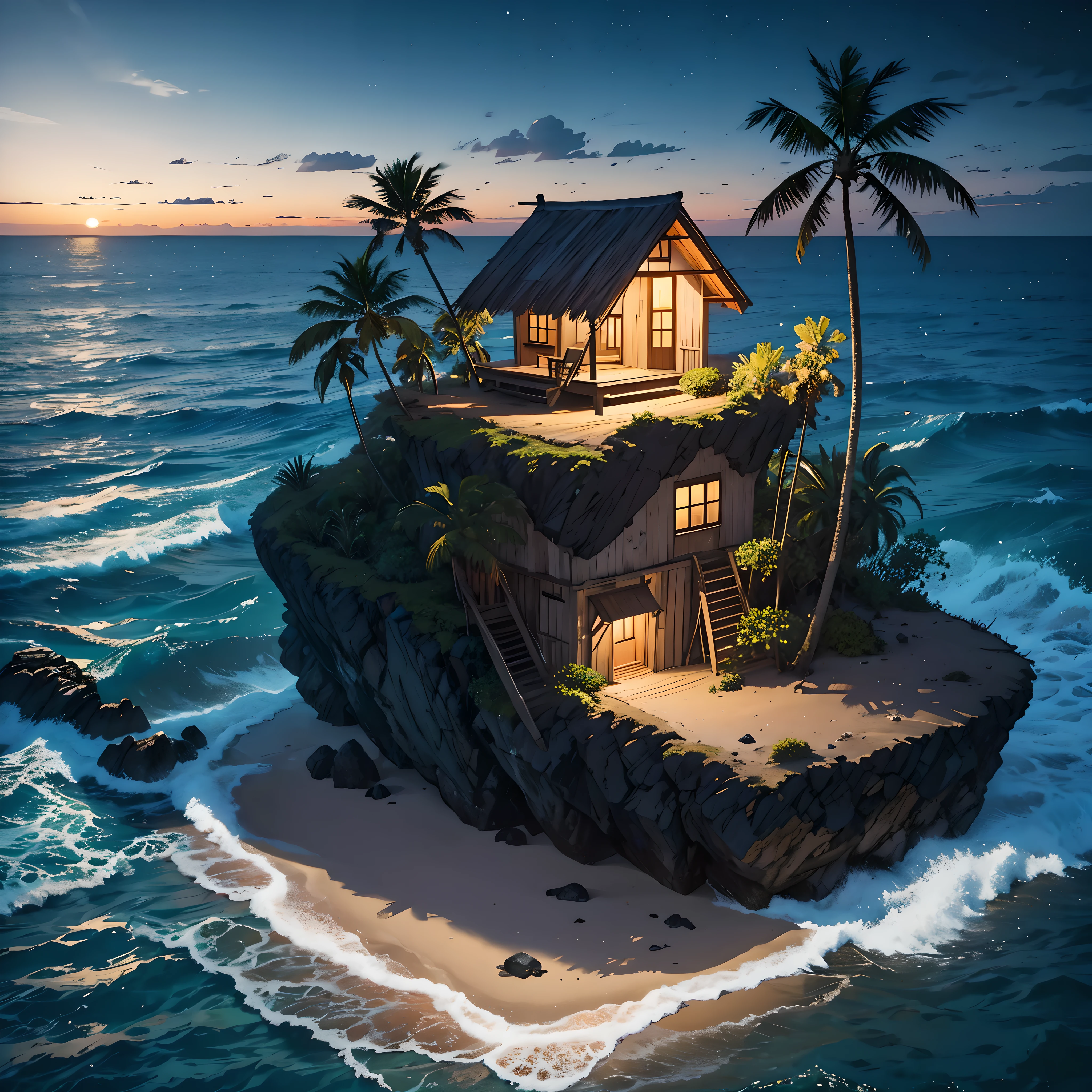  beautiful landscape, masterpiece, lonely old small fisherman shack in a beach, isolated desert island with palm trees at night, dark sky