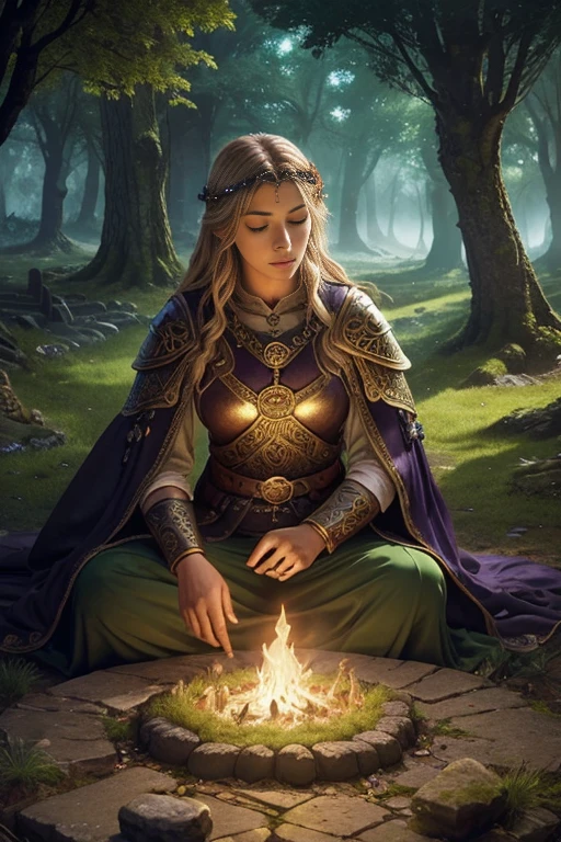 (fantasy,mythology,artwork,folklore,magical:1.3),mystical forest,golden-haired fairy,fierce warrior,knights of the round table,detailed armor and shields,enchanted ancient ruins,celtic knot patterns,dramatic lighting,ancient druid rituals,powerful spells and potions,mythical creatures (dragons,unicorns),mysterious stone circles,sacred oak tree,whispering winds and ethereal music,storytelling around a cozy fire,sacred books of wisdom,secret mystical symbols,symbolic animal companions (ravens,wolves),spiral patterns and intricate carvings,golden treasures of the gods,vibrant nature spirits,floating island in the sky,celestial beings,spellbinding fairy tales,harmony between humans and nature,mythical heroes and heroines,struggles of good and evil,lost languages and ancient runes,celtic deity statues and altars,vibrant colors with a touch of magic,lush green landscapes and misty mountains,Celtic goddesses and gods,rebirth and transformation,ancestral spirits and otherworldly realms