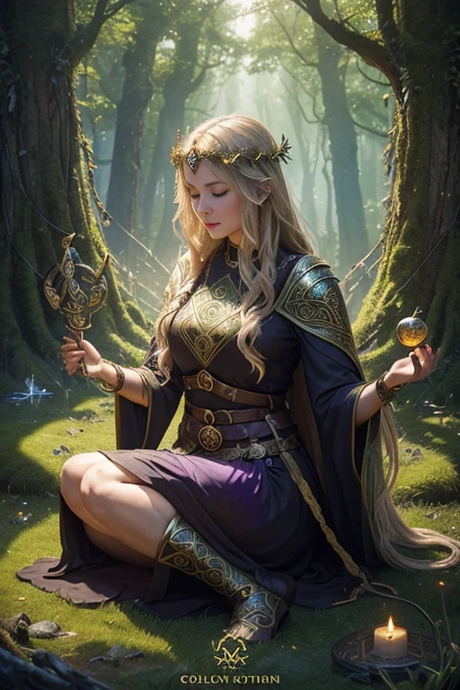 (fantasy,mythology,artwork,folklore,magical:1.3),mystical forest,golden-haired fairy,fierce warrior,knights of the round table,detailed armor and shields,enchanted ancient ruins,celtic knot patterns,dramatic lighting,ancient druid rituals,powerful spells and potions,mythical creatures (dragons,unicorns),mysterious stone circles,sacred oak tree,whispering winds and ethereal music,storytelling around a cozy fire,sacred books of wisdom,secret mystical symbols,symbolic animal companions (ravens,wolves),spiral patterns and intricate carvings,golden treasures of the gods,vibrant nature spirits,floating island in the sky,celestial beings,spellbinding fairy tales,harmony between humans and nature,mythical heroes and heroines,struggles of good and evil,lost languages and ancient runes,celtic deity statues and altars,vibrant colors with a touch of magic,lush green landscapes and misty mountains,Celtic goddesses and gods,rebirth and transformation,ancestral spirits and otherworldly realms