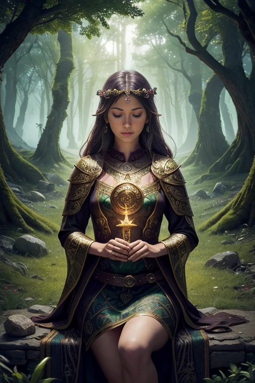 (fantasy,mythology,artwork,folklore,magical:1.3),mystical forest,golden-haired fairy,fierce warrior,knights of the round table,detailed armor and shields,enchanted ancient ruins,celtic knot patterns,dramatic lighting,ancient druid rituals,powerful spells and potions,mythical creatures (dragons,unicorns),mysterious stone circles,sacred oak tree,whispering winds and ethereal music,storytelling around a cozy fire,sacred books of wisdom,secret mystical symbols,symbolic animal companions (ravens,wolves),spiral patterns and intricate carvings,golden treasures of the gods,vibrant nature spirits,floating island in the sky,celestial beings,spellbinding fairy tales,harmony between humans and nature,mythical heroes and heroines,struggles of good and evil,lost languages and ancient runes,celtic deity statues and altars,vibrant colors with a touch of magic,lush green landscapes and misty mountains,Celtic goddesses and gods,rebirth and transformation,ancestral spirits and otherworldly realms