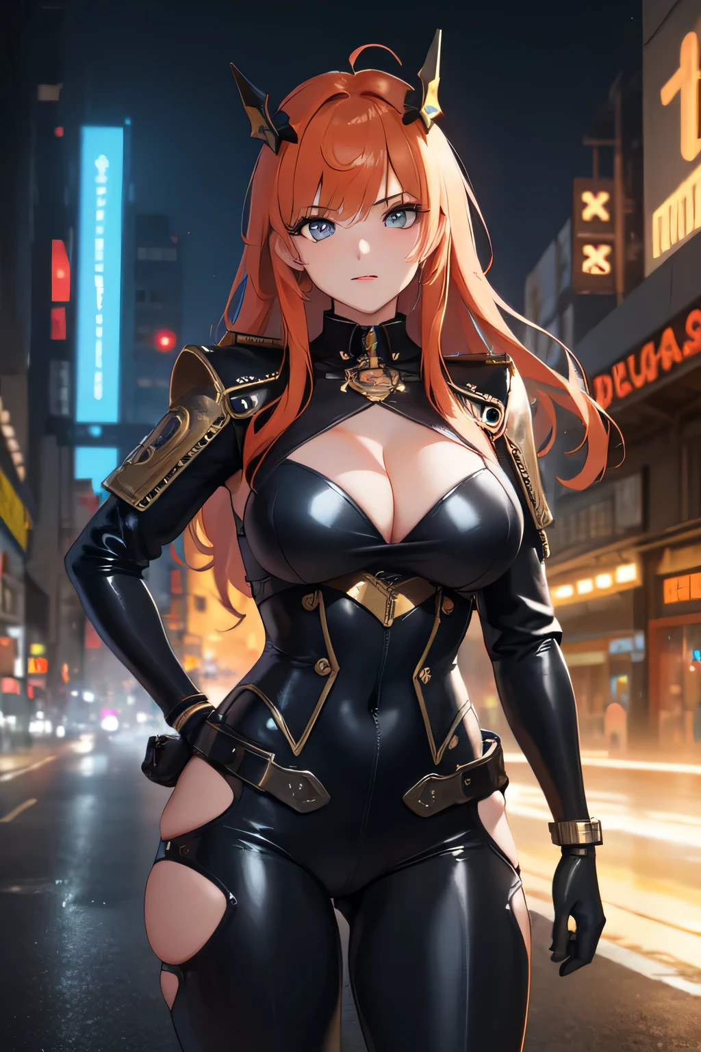 ((melhor qualidade)), ((obra de arte)), (4k)), ((Ultra HD)), (detalhado), grande , grande ass, decote, Terno Steampunk, retrato, escuro, luz neon, cabelo ruivo, Messy hair, CIDADE