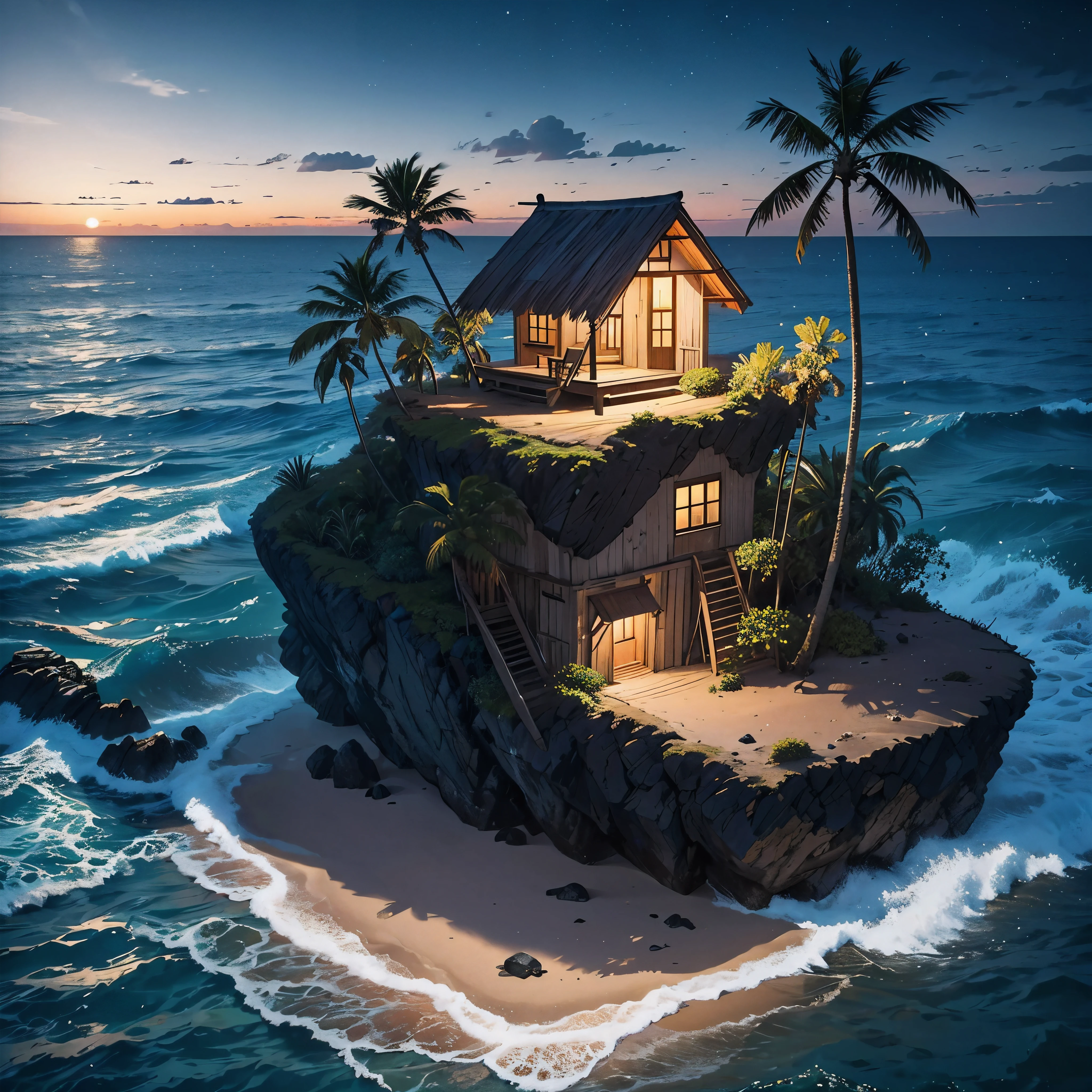 beautiful landscape, masterpiece, lonely old small fisherman shack in a beach, isolated desert island with palm trees at night, dark sky