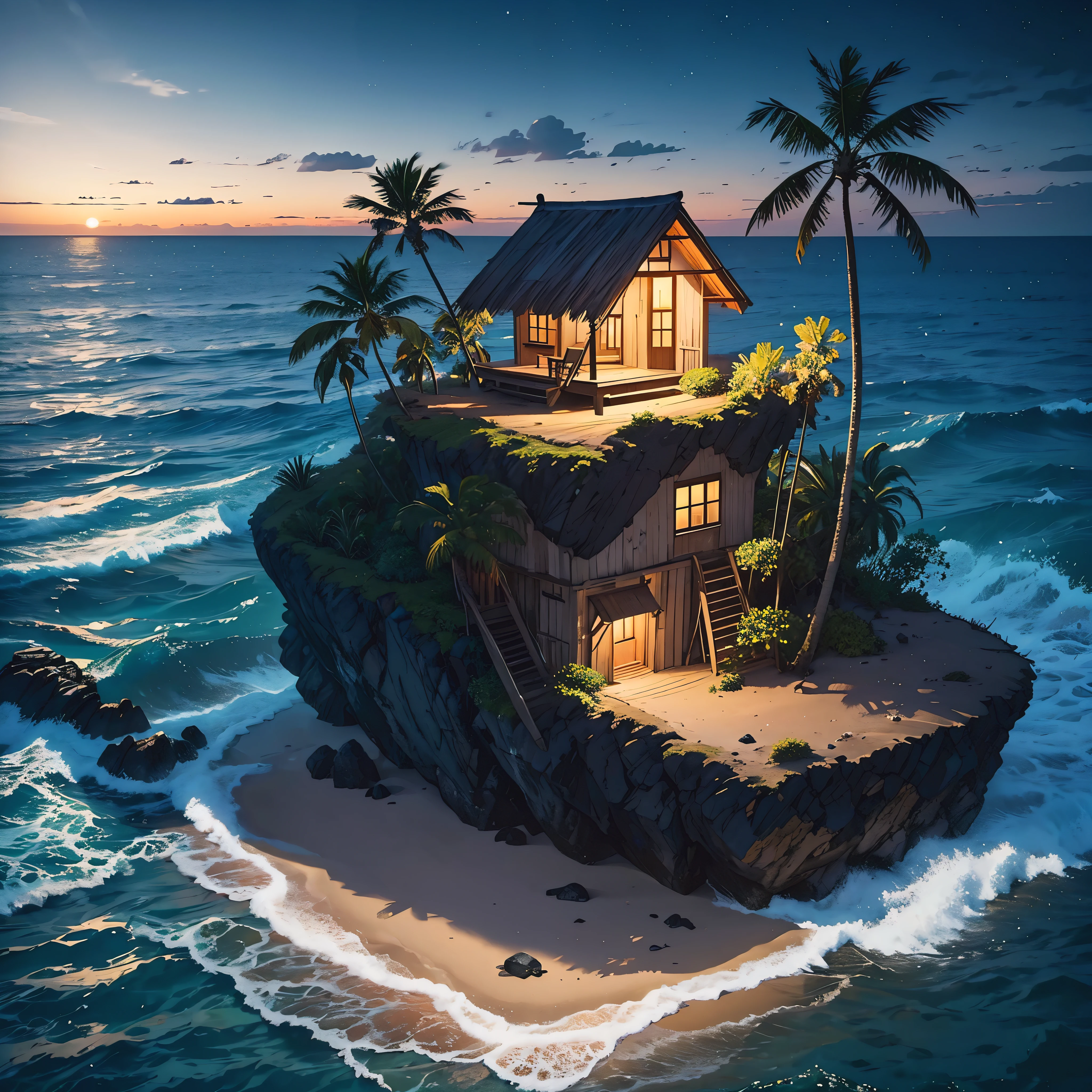 beautiful landscape, masterpiece, lonely old small fisherman shack in a beach, isolated desert island with palm trees at night, dark sky
