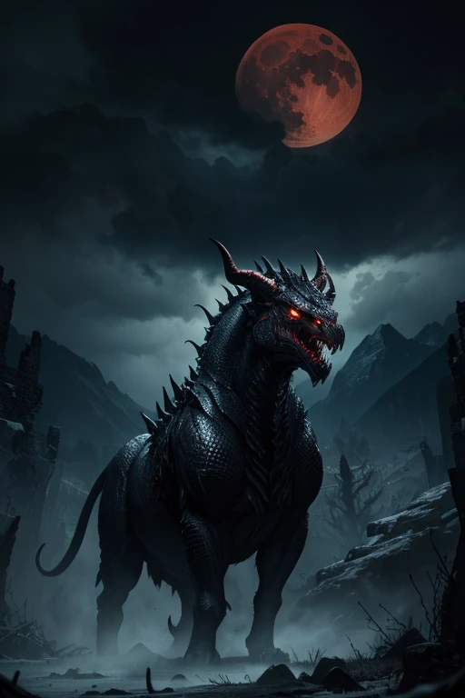 (best quality,4k,8k,highres,masterpiece:1.2),ultra-detailed,(realistic,photorealistic,photo-realistic:1.37),horror,mythical creatures,legendary monsters,dark atmosphere,fierce roars,creepy eyes,detailed scales,sharp teeth,huge claws,breathing fire,scaly skin,majestic wings,shadowy figures,ominous presence,dangerous landscapes,gloomy lighting,towering mountains,blood-red moon,demonic powers,mysterious runes,intense battle,fantastical creatures,frightening shadows,giant serpent,twisted horns,cold night,thunderstorm,nightmare-inducing,ancient legends,vicious beasts,mythical powers,and epic showdown,foreboding forest,amidst ruins,haunting echoes,intimidating silhouettes,mythical realms,infamous monsters