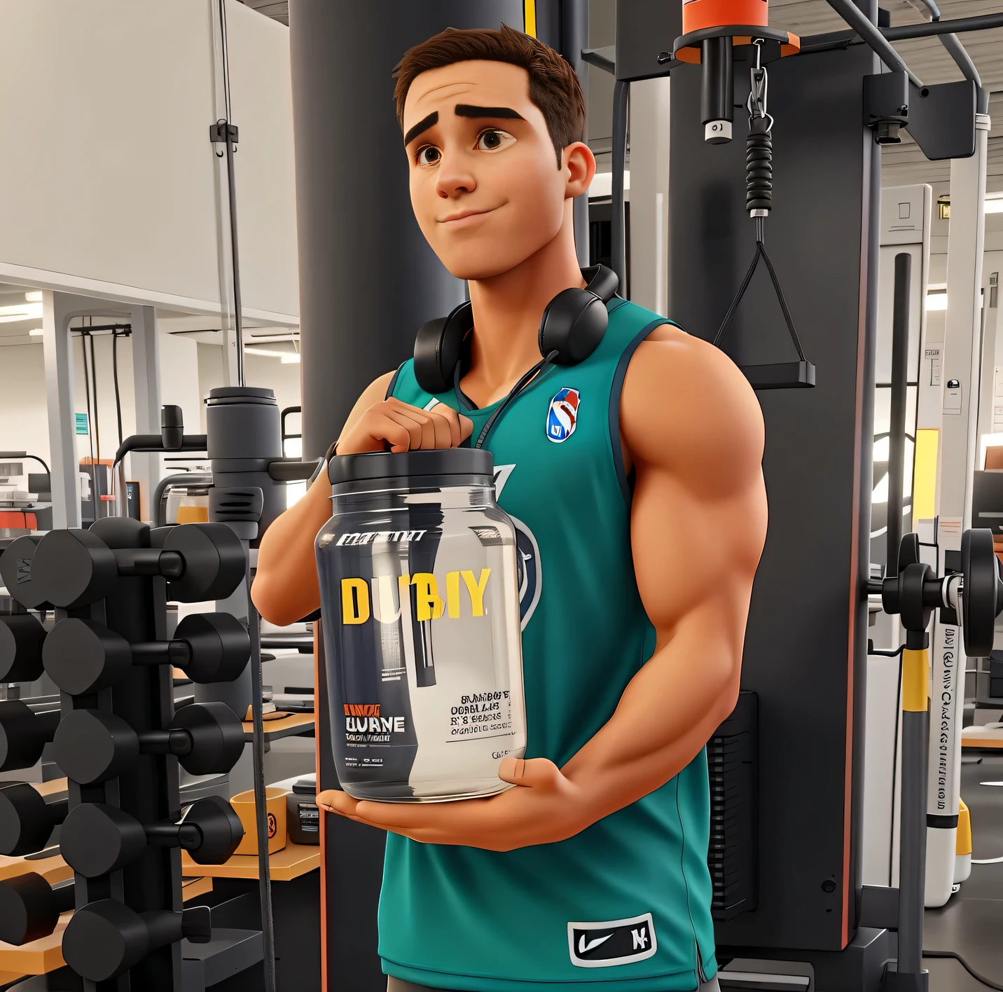 um jovem , musculoso , segurando um pote de whey , na academia , luz natural , with headset on the neck , camisa NBA e nike