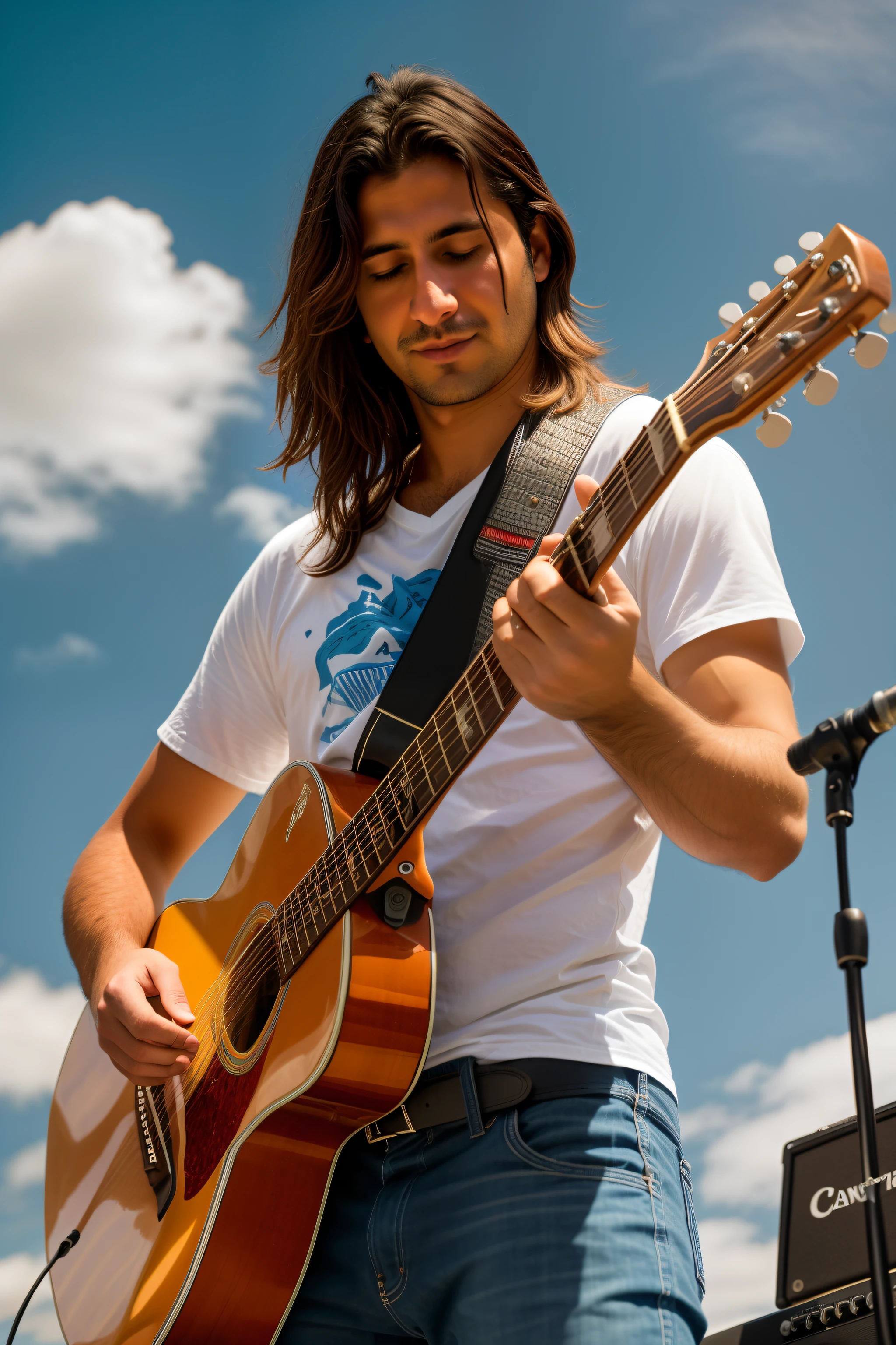 Arafed homem com cabelo liso curto tocando um homem tocando guitarra, musician, cantor e compositor, cantor - compositor, um bardo humano, cenario Azul e Laranja