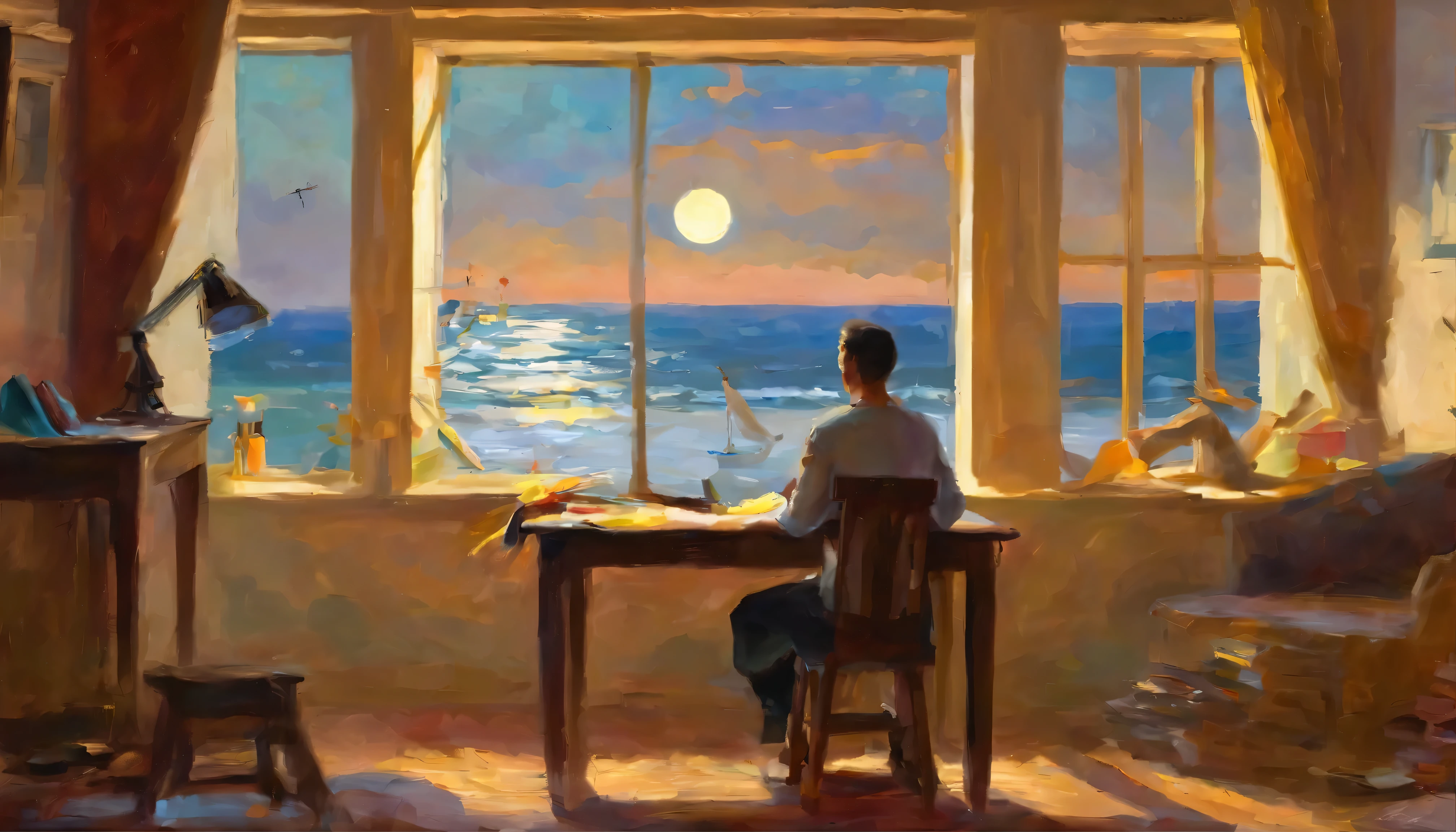 masterpiece,best qualtiy,cinematic Film still from,Boy doing homework by the window, looked at the starry sky,Looking at the sea in front of you,A full moon,autumnal,beachside, high detail, 8k