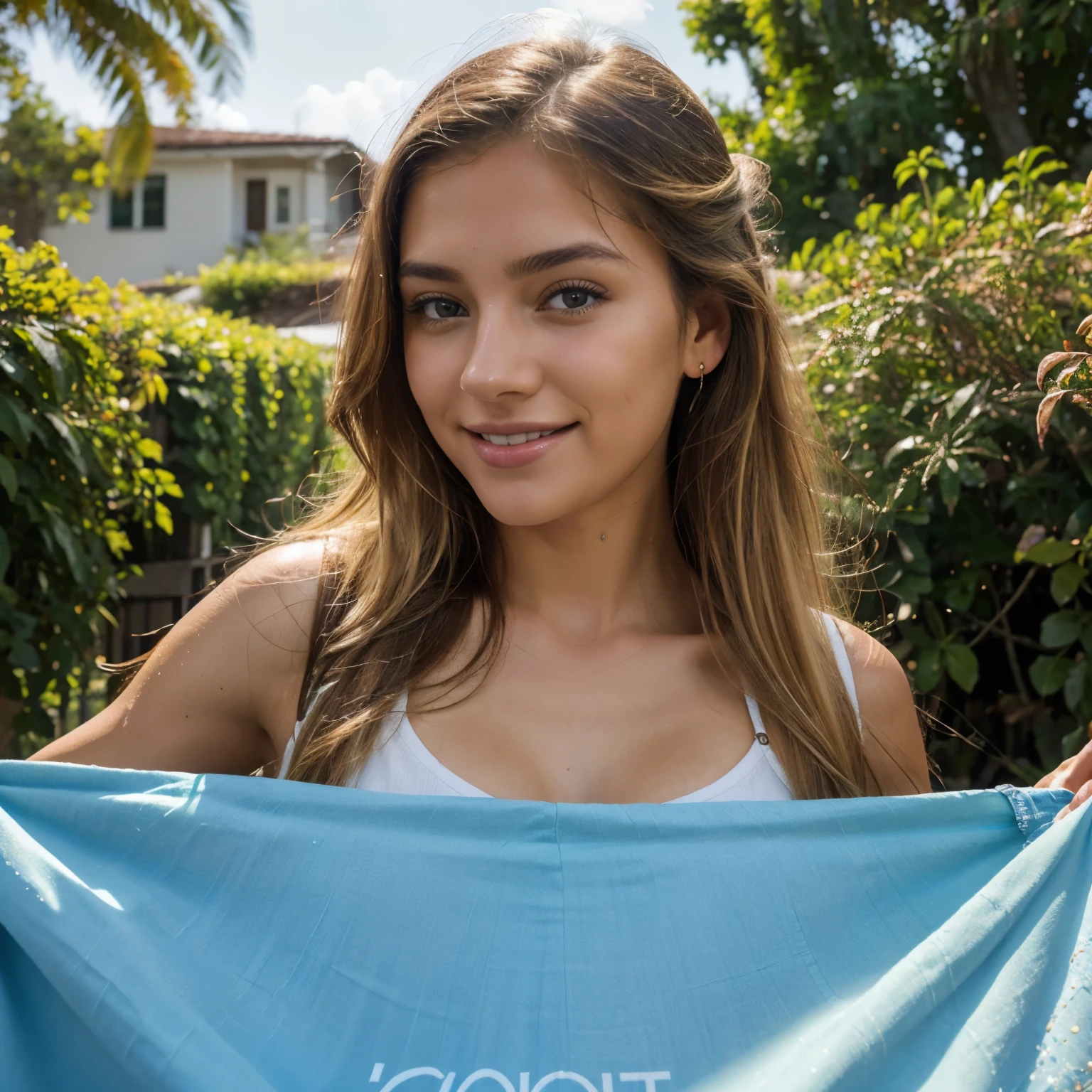 (best quality, highres:1.2),ultra-detailed,(realistic:1.37)
Latina woman, long blonde hair, honey-colored eyes, beautiful smile,
dressed in a blue patterned flannel, jean shorts,
washing clothes in a washing machine,
sunlight illuminating the scene,
lush green garden in the background,
relaxed expression on her face,
several colorful flowers by her side,
sparkling water droplets on her hair and skin,
soft breeze gently rustling her hair,
bright and vibrant colors,
artistic rendering with fine brushstrokes