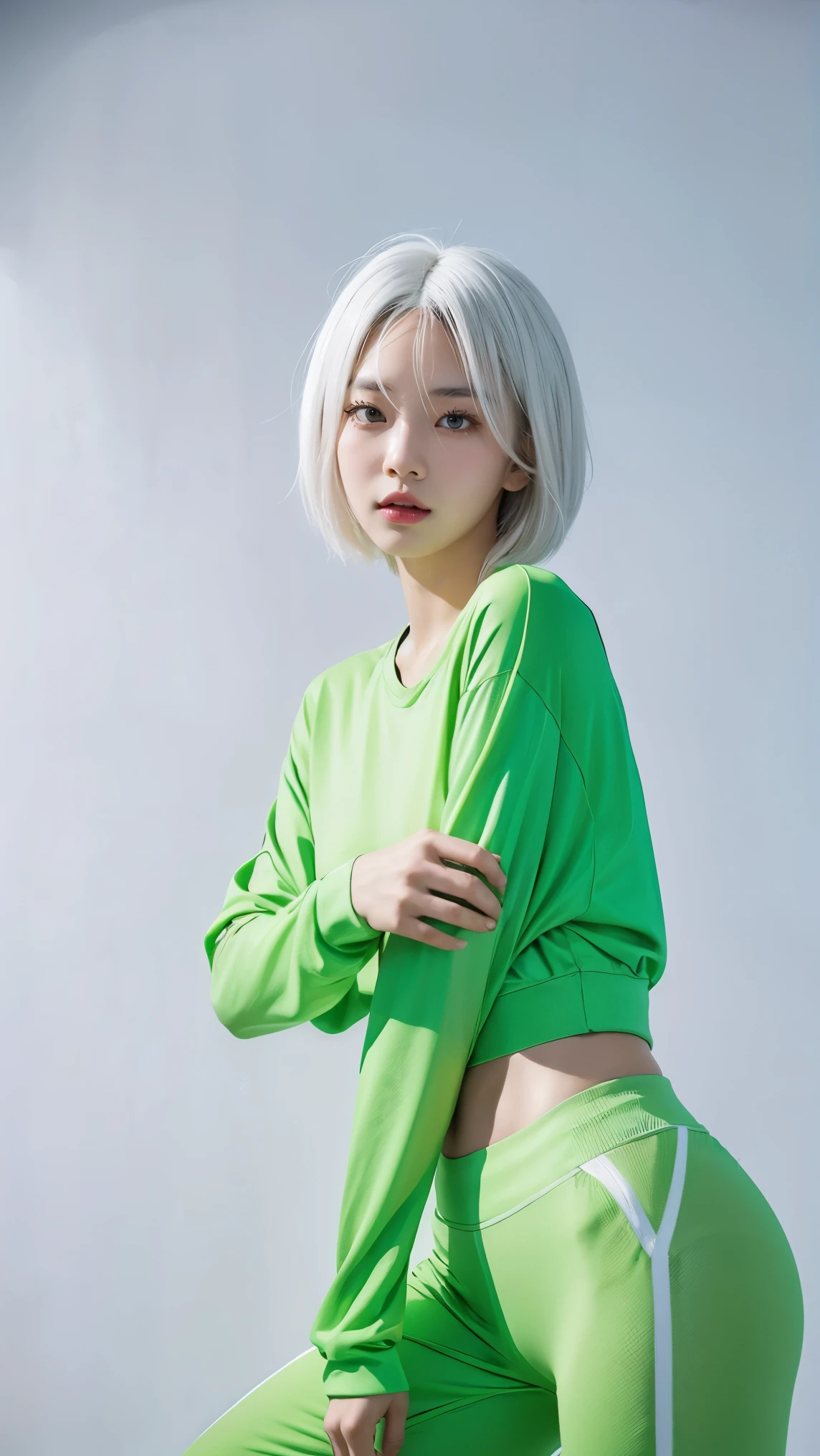 1girl, (white hair:1.22), bob cut hair, (thick bang hair), hair spreading, (thai: korean :0.5), boring mood, highly detailed face, pretty face, BREAK wearing solid neon green big sport clothes, long sleeve, neon green long pants, facial focus, modeling pose, sweat, wet skin, BREAK solid white background, masterpiece, best quality, motion blur, cam from below,