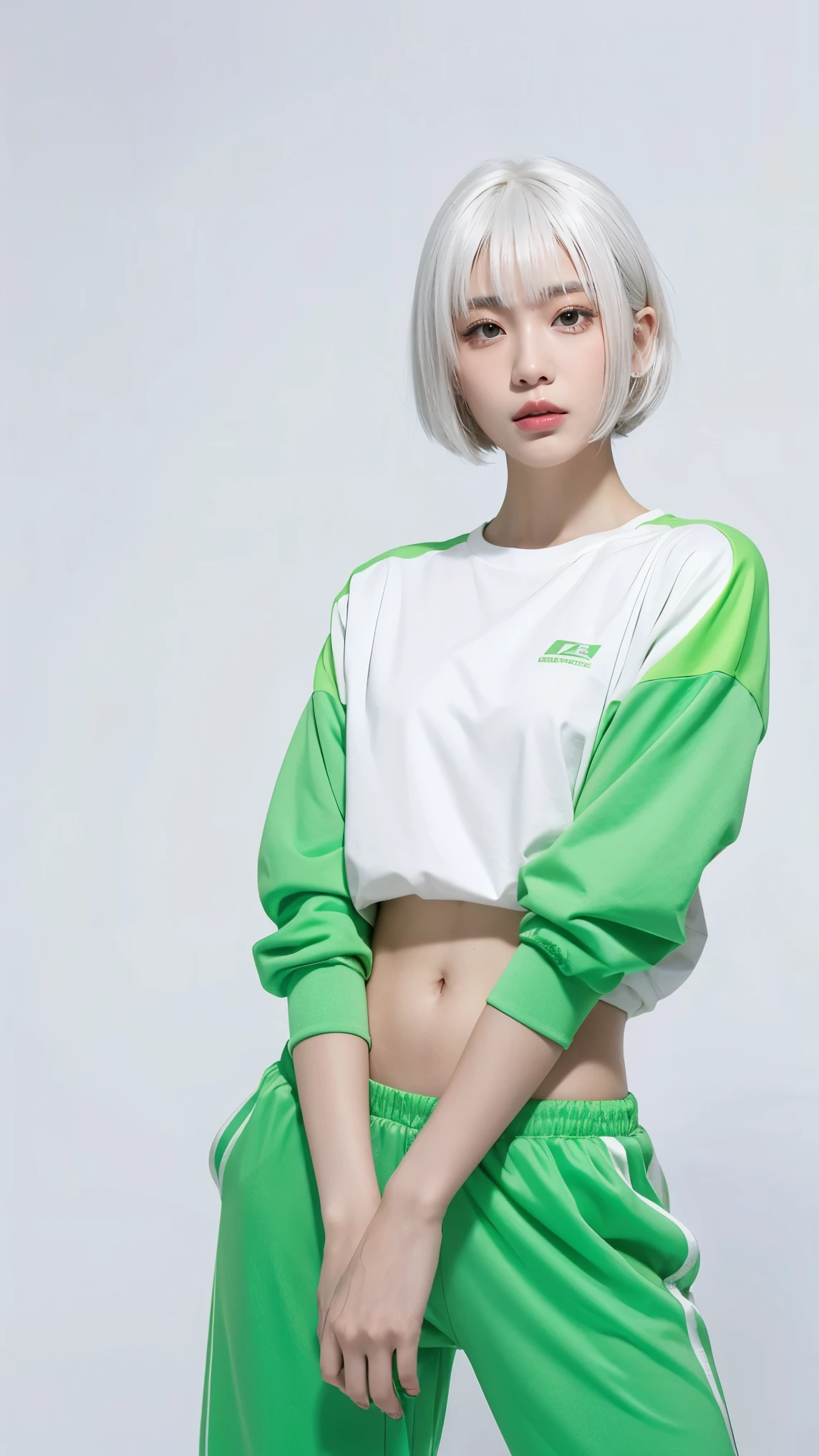 1girl, (white hair:1.22), bob cut hair, (thick bang hair), hair spreading, (thai: korean :0.5), boring mood, highly detailed face, pretty face, BREAK wearing solid neon green big sport clothes, long sleeve, neon green long pants, facial focus, modeling pose, sweat, wet skin, BREAK solid white background, masterpiece, best quality, motion blur, cam from below,