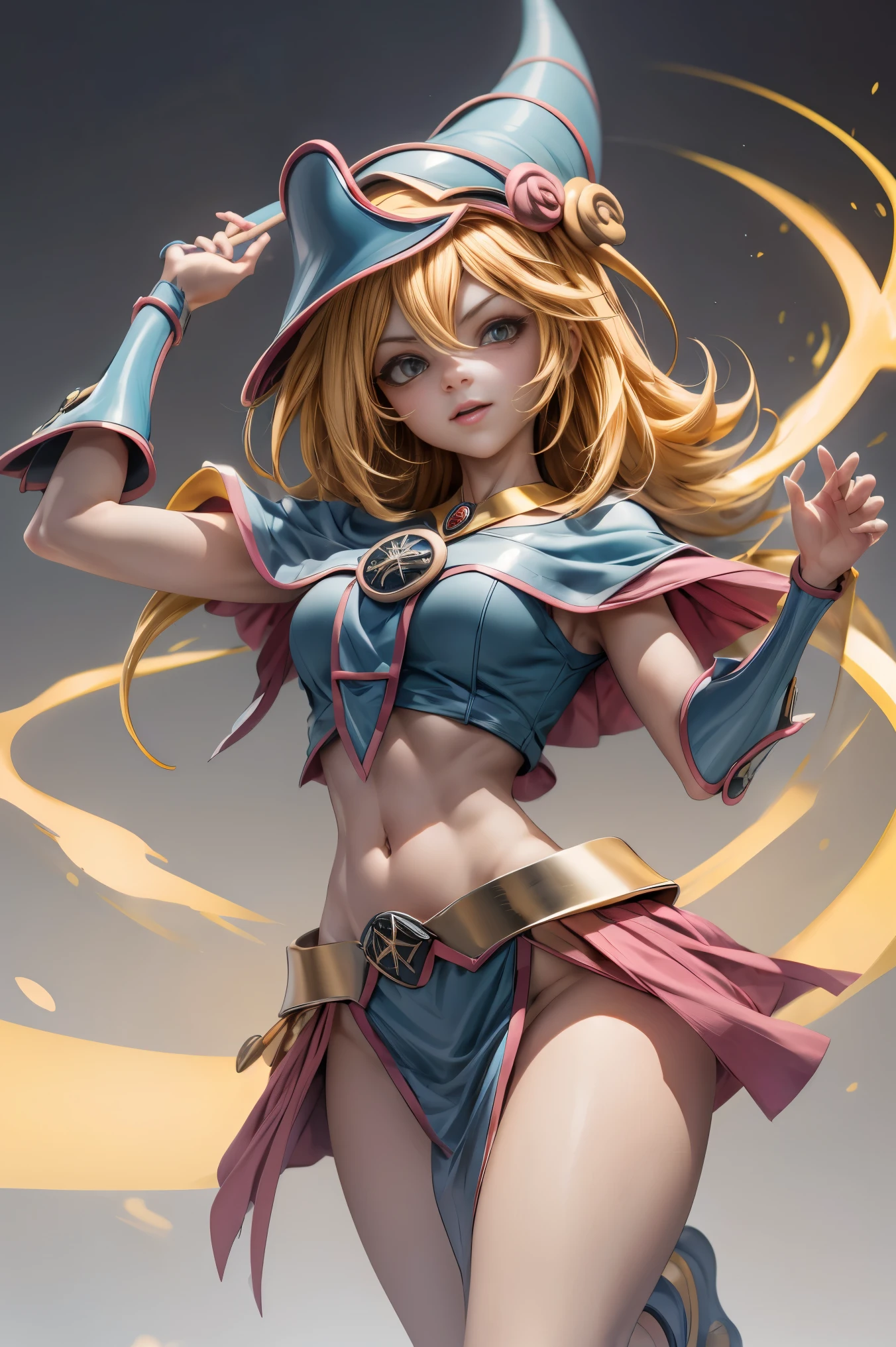 (8k,fotorrealista Raw photography highest qualityr;1.4) (1chica en) super beauty (cara realista) cuerpo femenino (Rubia de rizos largos) Hold a black and red magic wand Escena de combate Magic hat with black and gold exterior Beautiful expression Deslumbramiento (Piel de aspecto real) (Giles magos oscuros) Tentador Super high resolution Un hiperrealista Alto detalle foto de cuerpo completo restos