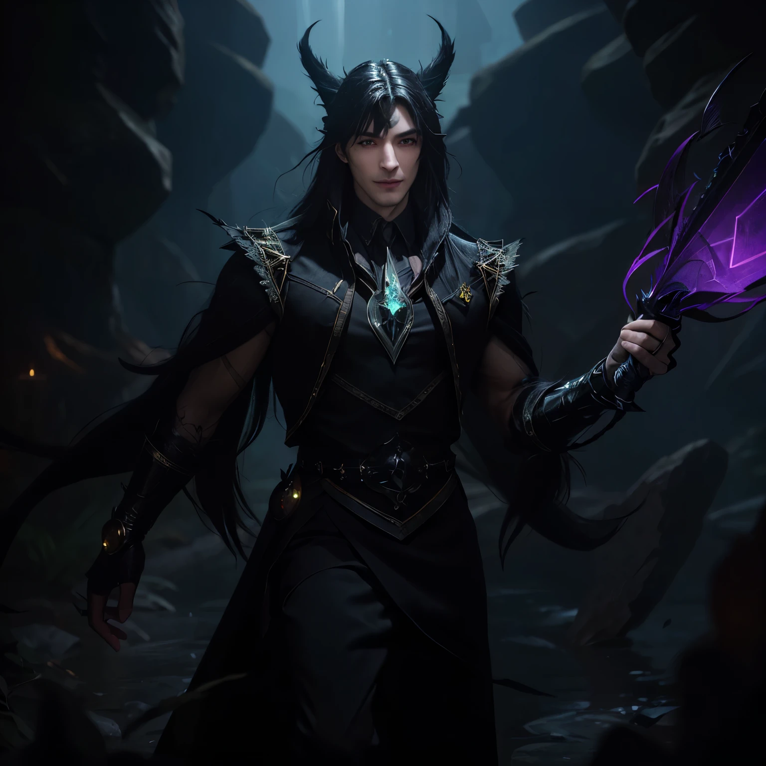 In the realm of Dungeons & Dragons, a high-definition 8k image comes to life, featuring a catfolk warlock, devotedly serving the enigmatic Raven Queen. His clothing is intricately designed with DND motifs, reflecting his magical affinity. His fur is a sleek, shining black, with piercing green eyes glowing with an otherworldly aura. His body size is slender, yet muscular, hinting at the hidden prowess of his warlock abilities. His face is adorned with detailed features, such as sharp feline ears, a pointed nose, and a mysterious smile playing on his lips. His long, flowing tail twists around his staff