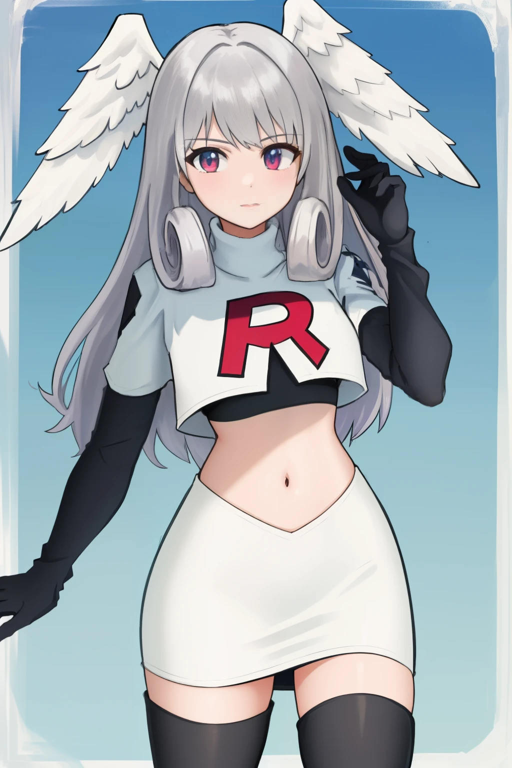 masterpiece, best quality, highly detailed, 1girl, solo,  meliaxc3 head wings, team rocket,team rocket uniform,white skirt,red letter R,crop top,black thigh-highs,black elbow gloves