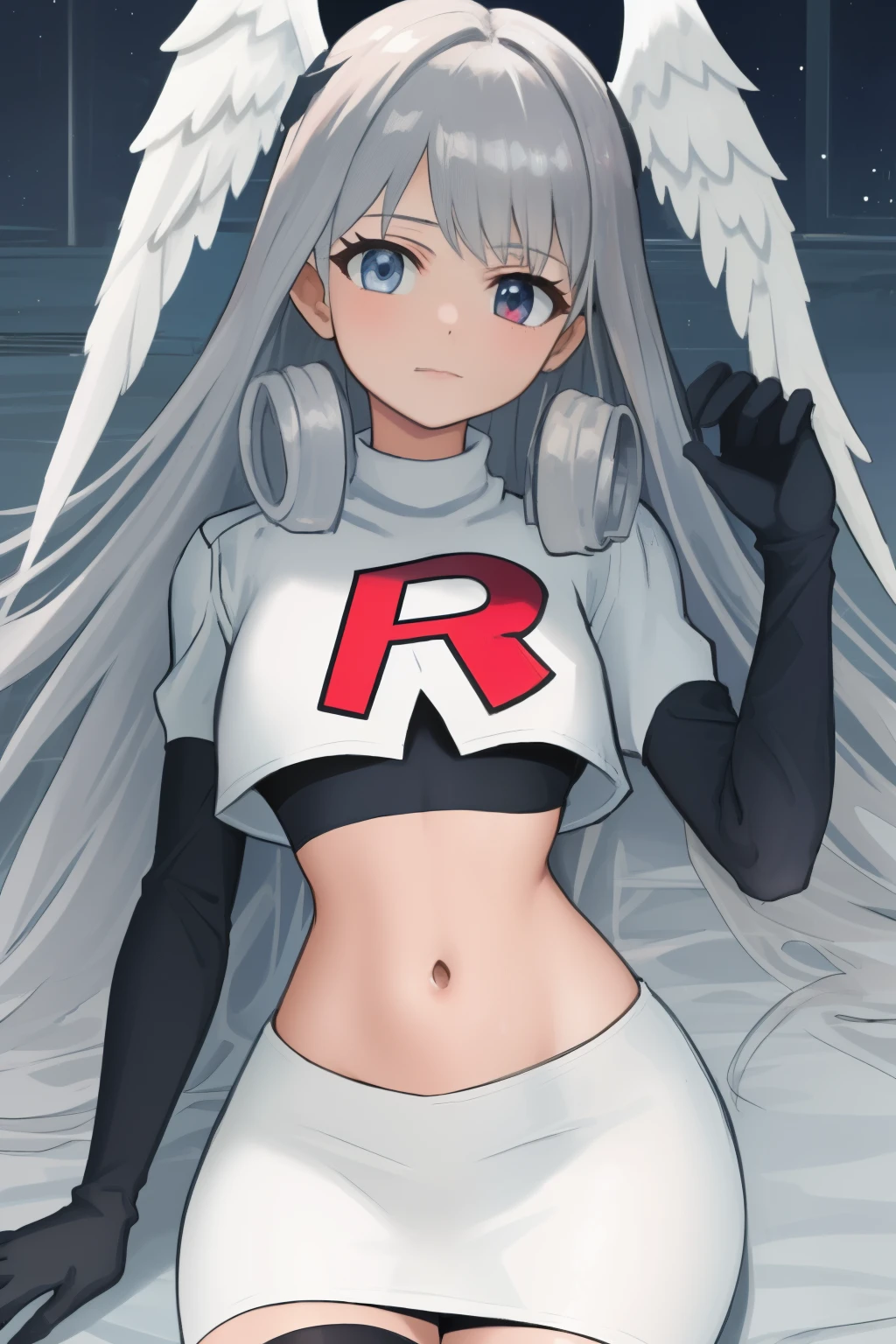 masterpiece, best quality, highly detailed, 1girl, solo, meliaxc3 head wings, team rocket,team rocket uniform,white skirt,red letter R,crop top,black thigh-highs,black elbow gloves