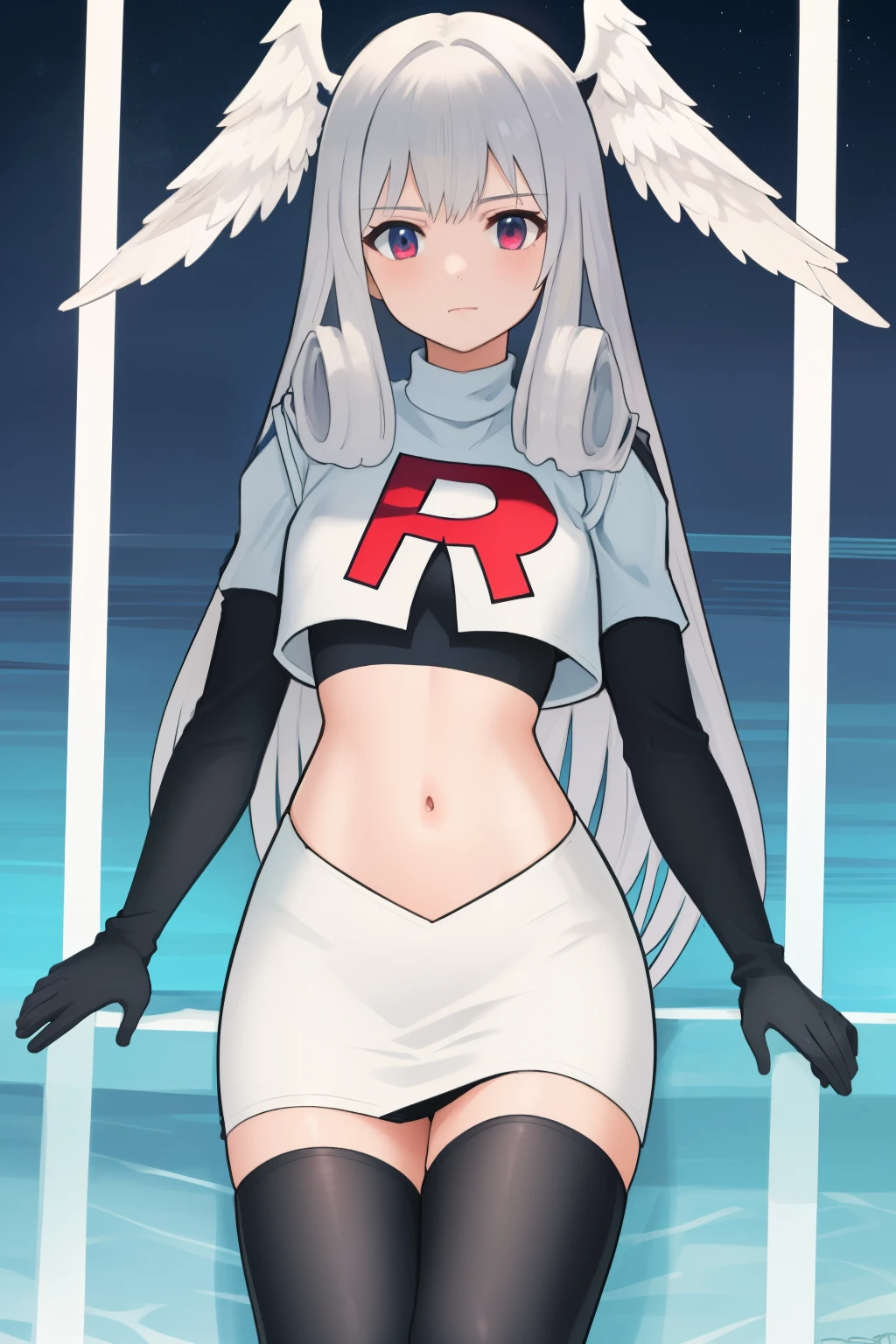 masterpiece, best quality, highly detailed, 1girl, solo, meliaxc3 head wings, team rocket,team rocket uniform,white skirt,red letter R,crop top,black thigh-highs,black elbow gloves