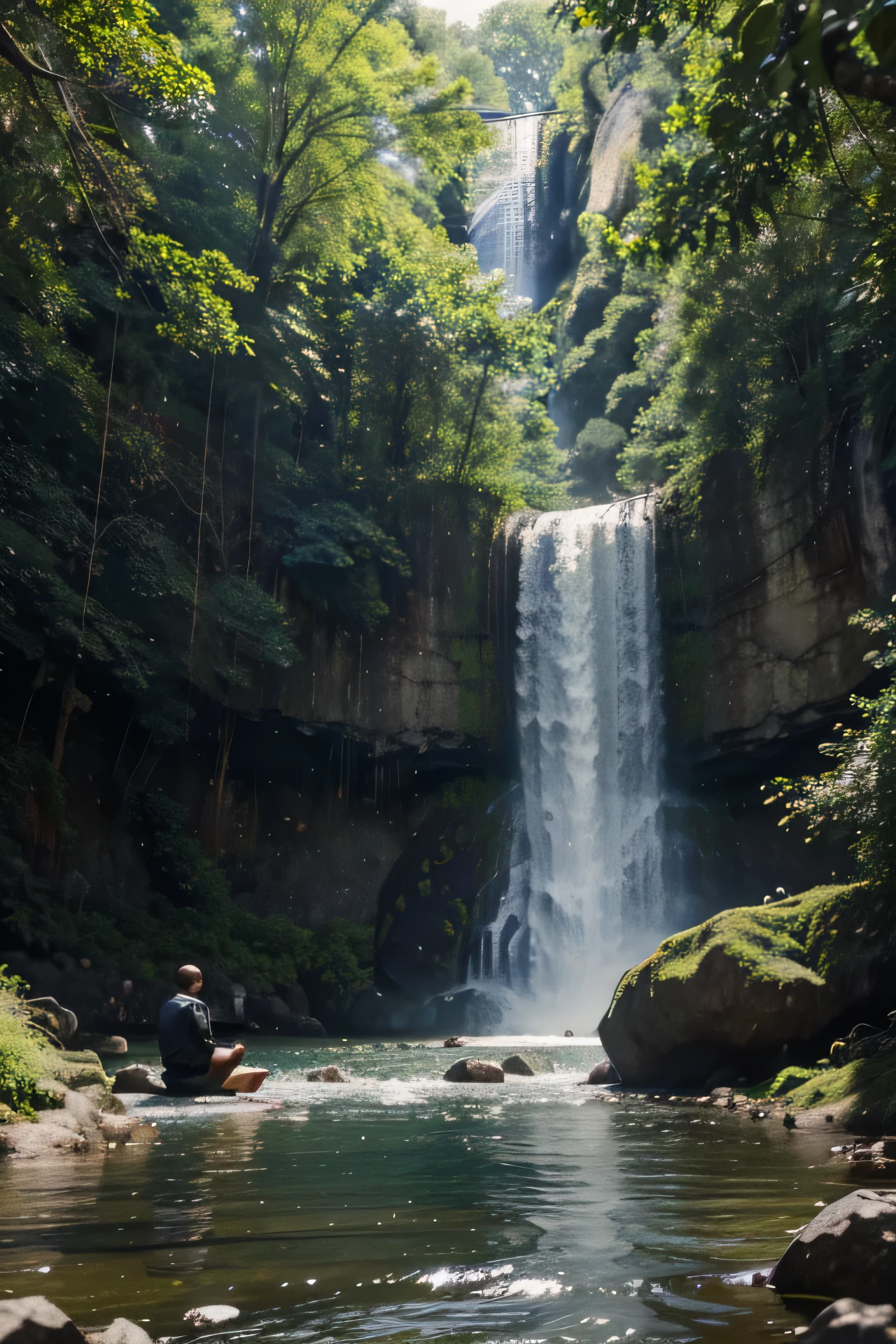 forest with several flowering trees, where is a bald black man, tall and strong with tattoos on his left arm sitting on the edge of a waterfall,waterfall with large waterfall and clear stones around, big trees around the waterfall