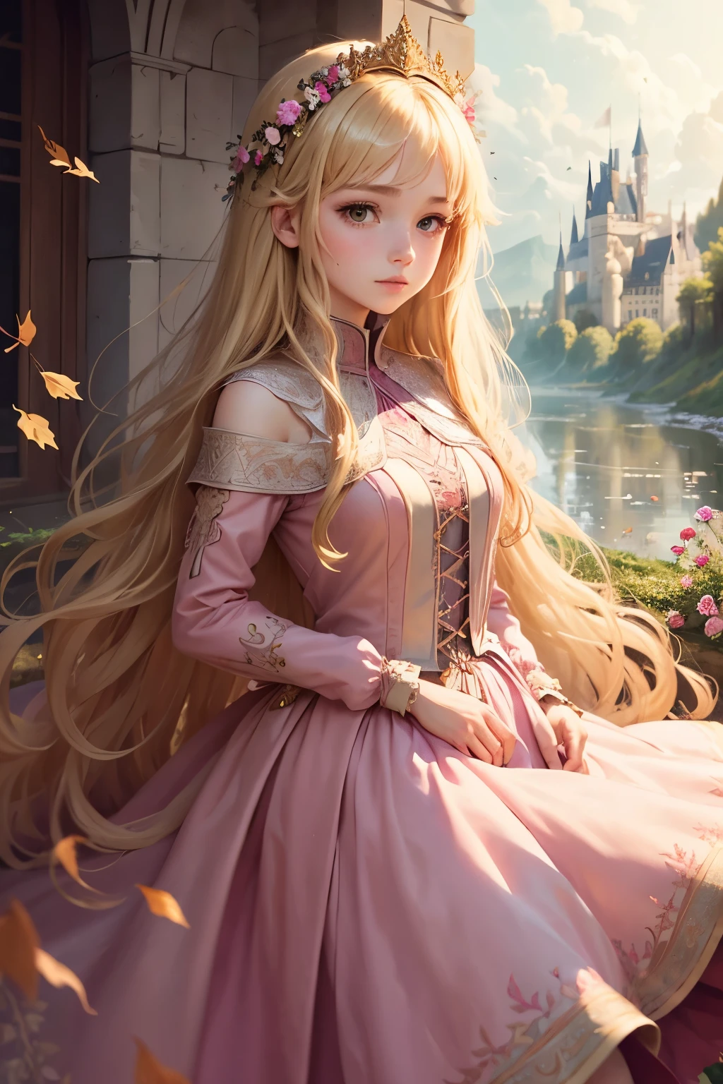 (Best Quality, Masterpiece), 1girl, Long Hair, Art Background with Castle, With Leaves in the Air and Long Pink Dress for Blonde Princess