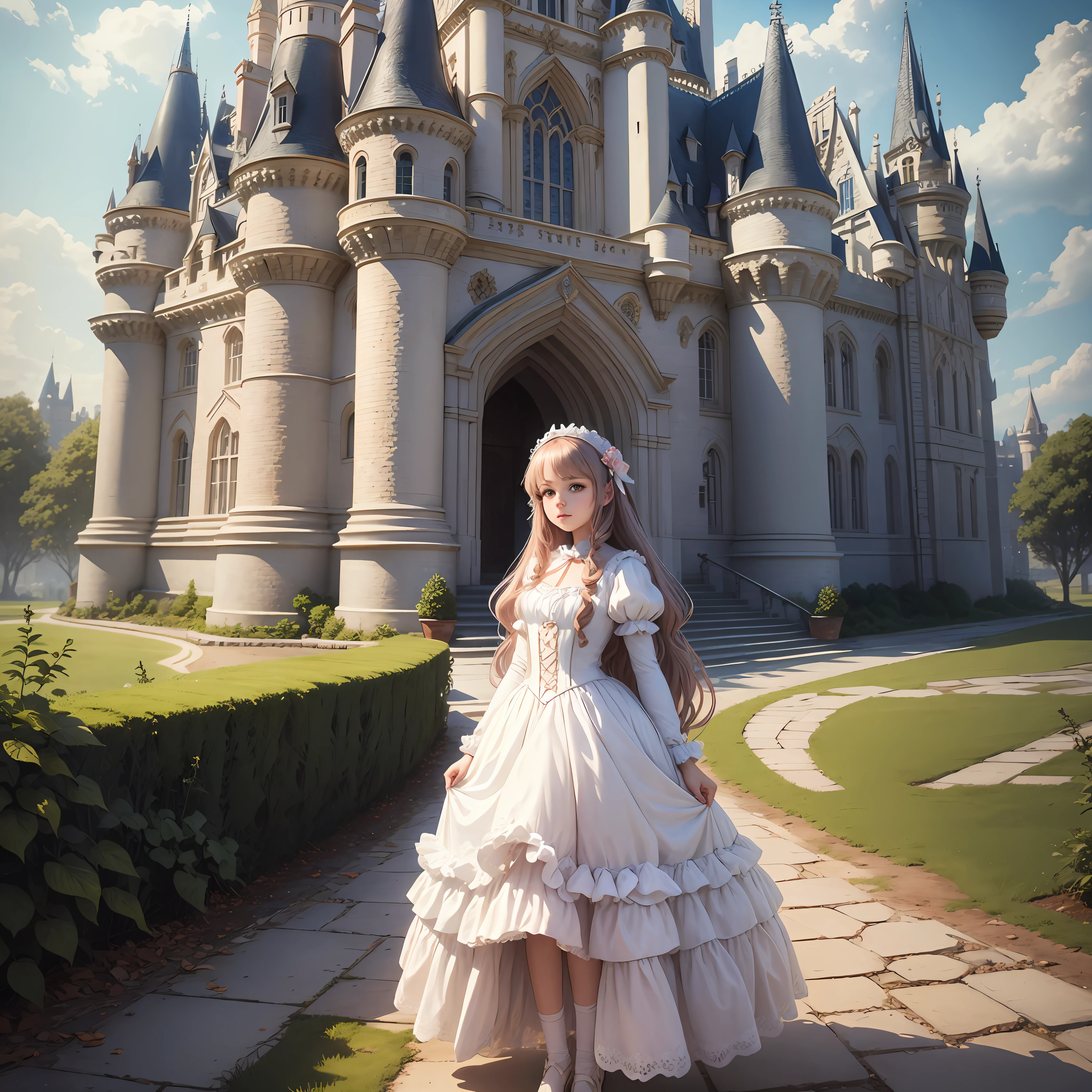 there is a young girl in a white dress standing in front of a castle, detailed face, beautiful render of a fairytale, fantasy fairytale story, walking in a castle, romantic storybook fantasy, retro and fantasy style, standing near a castle, nostalgia for a fairytale, nostalgia of a fairytale, fairy tale style background, portrait of magical ta girl, fairytale style, fantasy photoshoot --auto --s2