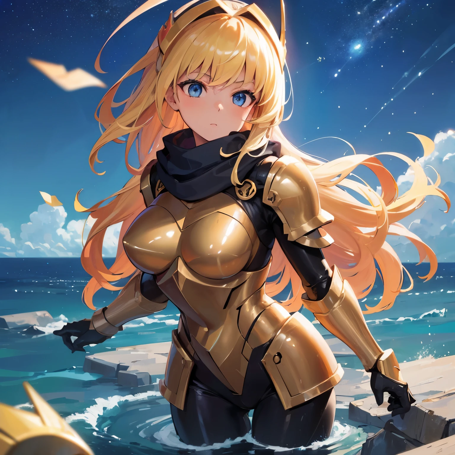 (((masterpiece))),16k,highest quality, figure, Earth, water,fire,Wind,space,1 girl,blonde hair,Beautiful mechs,shiny armor,Eagle Helmet,beautiful face,scarf,paper_cut,NSFW