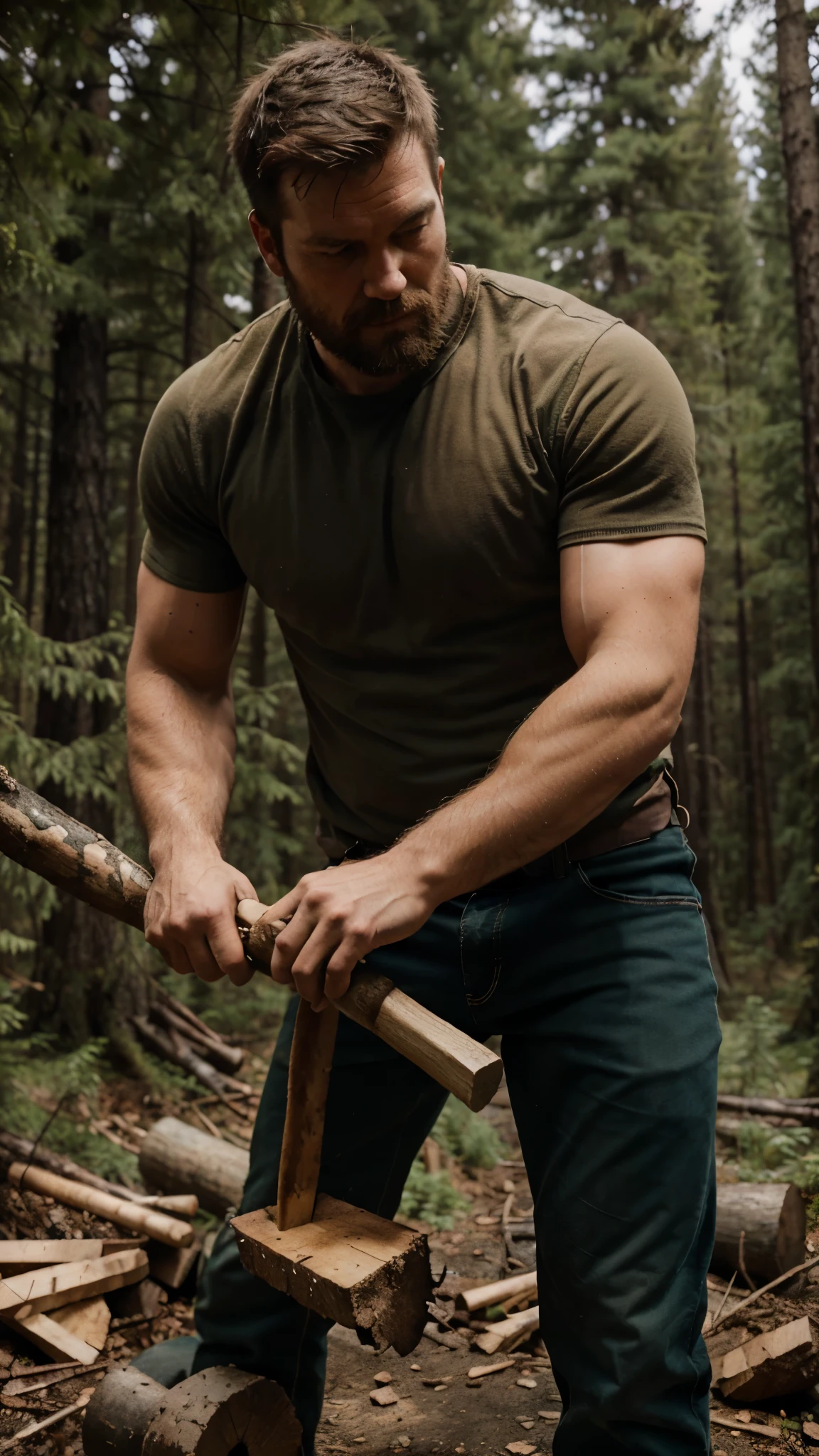 Rugged Lumberjack in a Forest: A rugged-looking man chopping wood in a forest, epitomizing masculinity and raw strength.