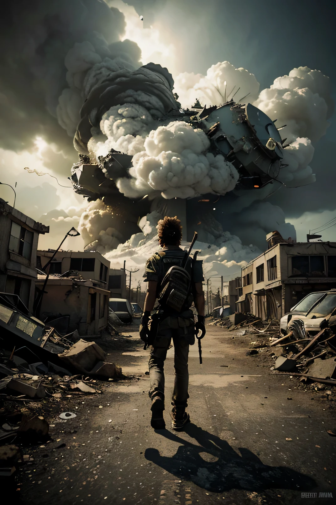 Create a cartoon-style image that portrays a post-apocalyptic setting with a slightly upbeat and surreal atmosphere. The idea is to combine elements of destruction and chaos with a touch of creativity and humor typical of cartoons..