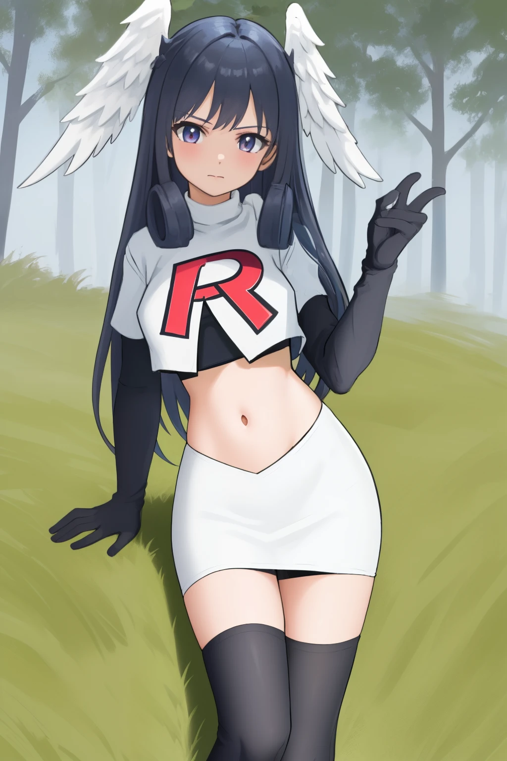 masterpiece, best quality, highly detailed, 1girl, solo, meliaxc3 head wings, team rocket,team rocket uniform,white skirt,red letter R,crop top,black thigh-highs,black elbow gloves