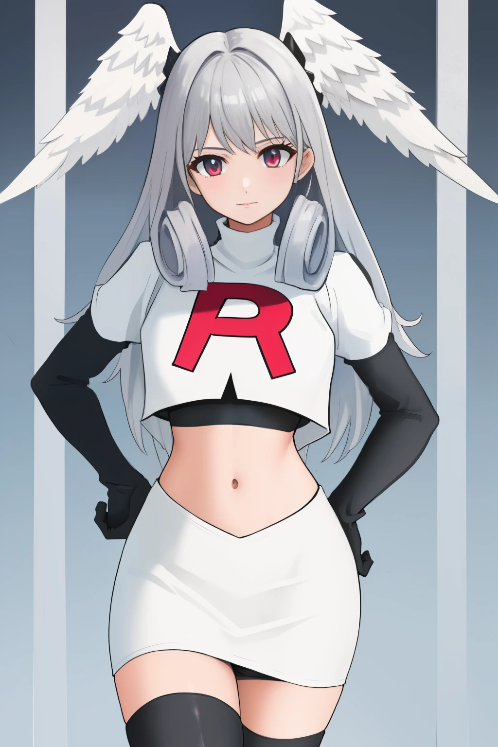 masterpiece, best quality, highly detailed, 1girl, solo, meliaxc3 head wings, team rocket,team rocket uniform,white skirt,red letter R,crop top,black thigh-highs,black elbow gloves