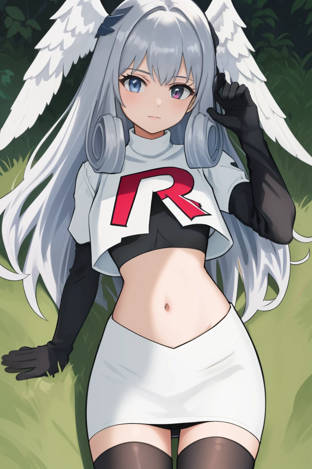 masterpiece, best quality, highly detailed, 1girl, solo,  meliaxc3 head wings, team rocket,team rocket uniform,white skirt,red letter R,crop top,black thigh-highs,black elbow gloves