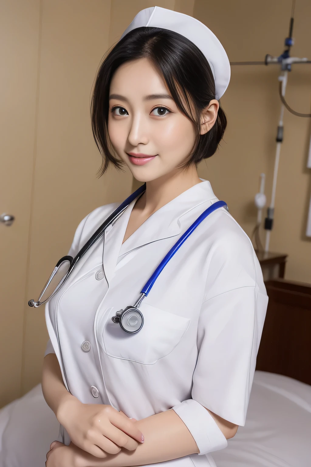 (masterpiece、highest quality、High level image quality)、(clinic、hospital、Examination room)、1 female、((nurse、healthcare worker、nurseの仕事))、(rich bust)、(japanese woman、popularity、24-years-old)、(Perfect and complete anatomy、Beautiful and complete limbs、healthy body、beautiful skin、natural skin)、short hair、Glittery black hair、black eye、((Japan Nurse Natural Uniform))、(Tight waist circumference、Seductive hips)、heroine、Medical Instruments、professional photography、((Filming medical dramas))、(White world)、