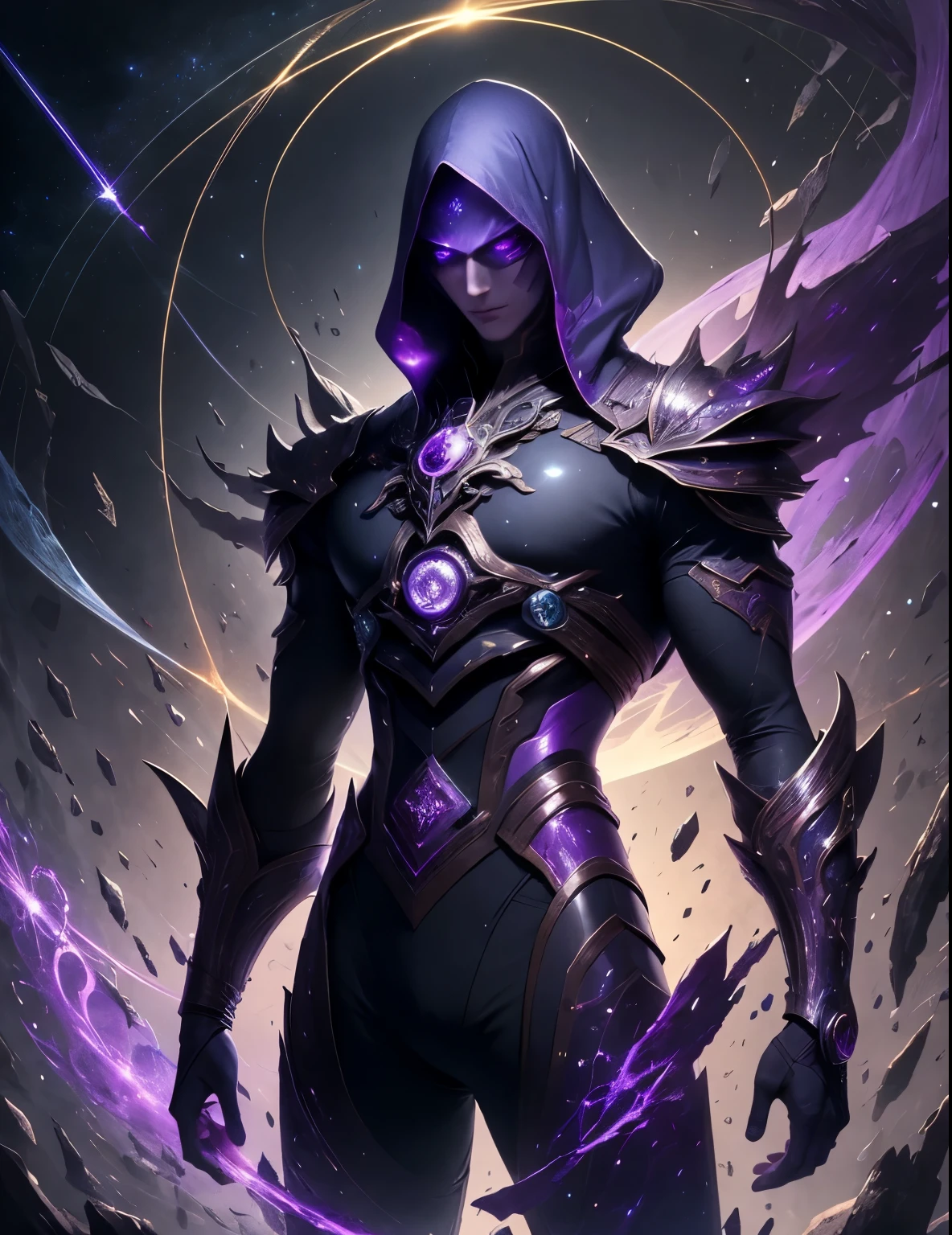 (obra-prima, qualidade superior, melhor qualidade, Arte Oficial, beautiful and aesthetic: 1.2), , rosto detalhado, cabelo preto longo, (corpo inteiro), imagem de corpo inteiro, TODO CORPO, personagem inteiro, violet blouse and pants, celestial, cosmic, extremamente bonito, alto detalhado, (Galactic in the background), efeitos luminosos, Mais Detalhado, particle floating, runas antigas, geometric patterns, V0id3nergy, onde, Sombras, epic atmosphere