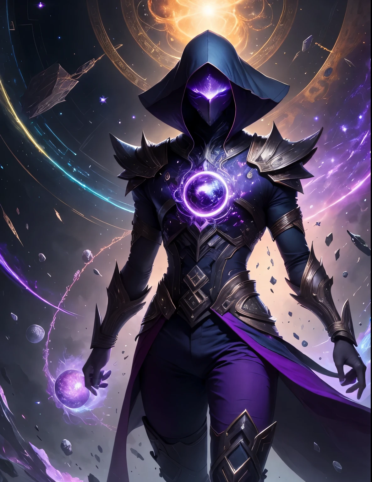 (obra-prima, qualidade superior, melhor qualidade, Arte Oficial, beautiful and aesthetic: 1.2), , rosto detalhado, cabelo preto longo, (corpo inteiro), imagem de corpo inteiro, TODO CORPO, personagem inteiro, violet blouse and pants, celestial, cosmic, extremamente bonito, alto detalhado, (Galactic in the background), efeitos luminosos, Mais Detalhado, particle floating, runas antigas, geometric patterns, V0id3nergy, onde, Sombras, epic atmosphere