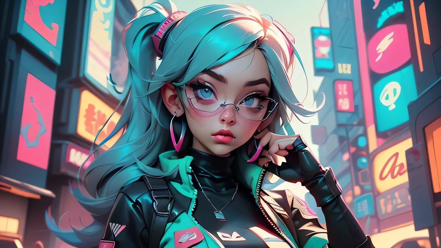 ((melhor qualidade, best resolution, RETRATO PREMIADO, arte oficial)), ((OBRA-PRIMA PERFEITA)), ((realista)) and ultra-detailed pquenteography of a 1nerdy cyberpunk girl with goth and post apocalyptic colors. Ela tem ((cabelos longos cor de menta)), usa um (Harajuku-inspired cyberpunk tech clothing top) e um (Harajuku-inspired cyberpunk tech outfit bottom:1.2) , ((the most beautiful and sexy aesthetic)), sexy, super enormes peitos enormemente gigantescos, decote mostrando, quente, sexy, sedutor, sacanagem