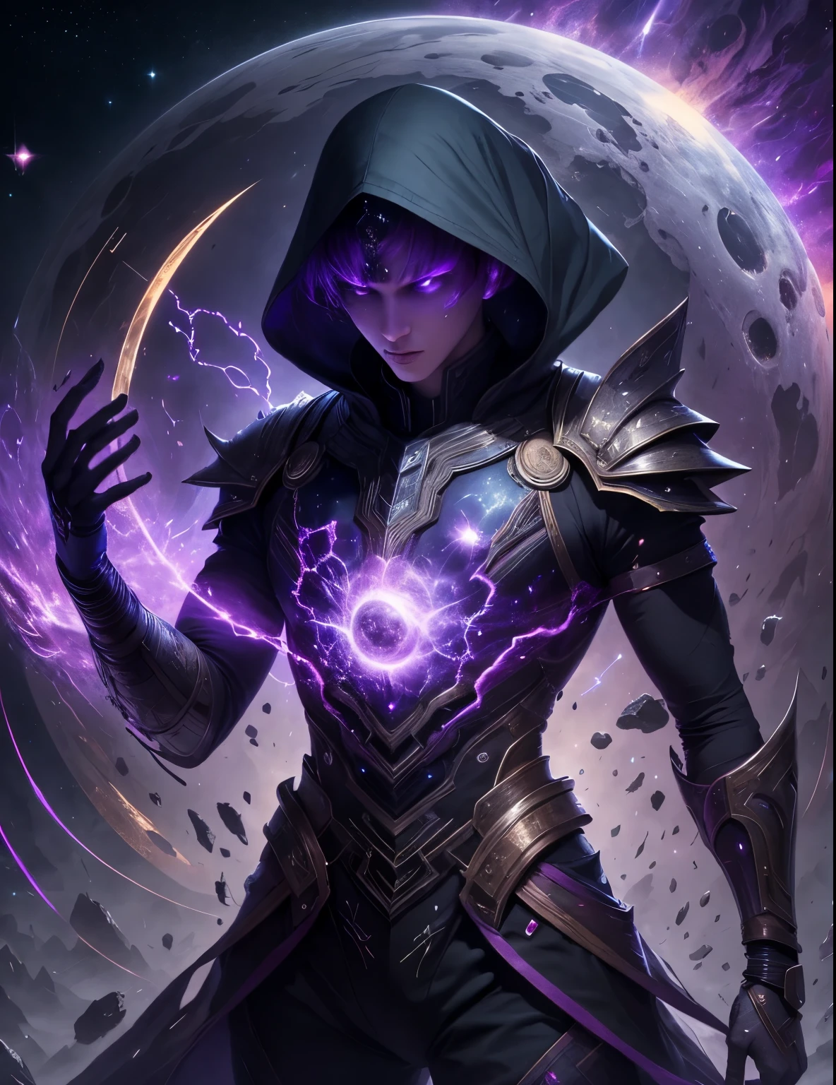 (obra-prima, qualidade superior, melhor qualidade, arte oficial, beautiful and aesthetic: 1.2), menina, menino, rosto detalhado, cabelo preto longo, corpo inteiro, violet blouse and pants, celestial, cosmico, extremamente bonito, alto detalhado, (Galactic in the background), efeitos luminosos, mais detalhado, particle floating, runas antigas, geometric patterns, V0id3nergy, mana, sombras, epic atmosphere