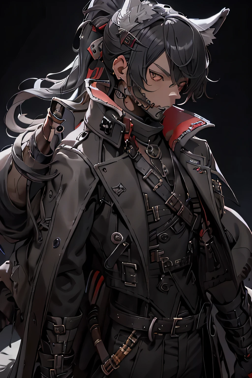 Wolf Ears, Wolf Tail, (Male), solo, Red right eye and grey heterochromatic left eye, trenchcoat, pirate attire, black hair, ponytail, boy, tricorn hat, smoking