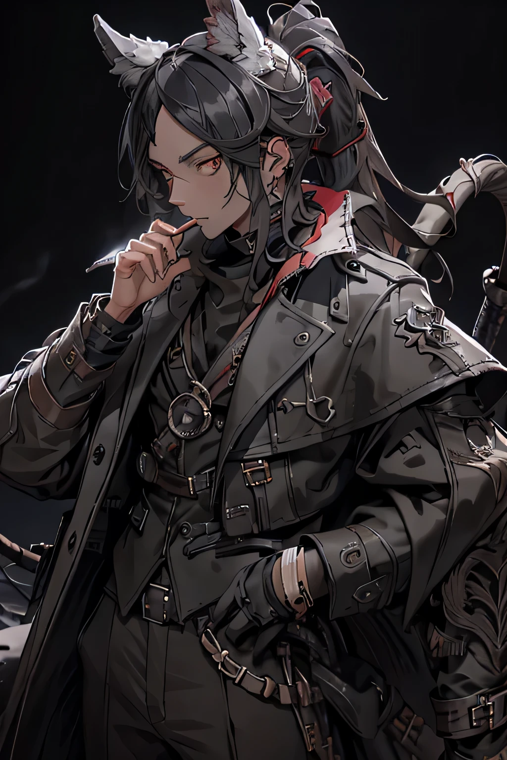 Wolf Ears, Wolf Tail, (Male), solo, Red right eye and grey heterochromatic left eye, trenchcoat, pirate attire, black hair, ponytail, boy, tricorn hat, smoking