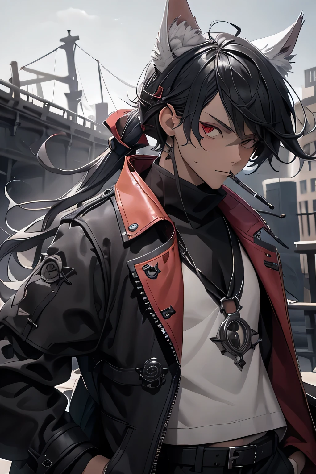 Wolf Ears, Wolf Tail, (Male), solo, Red right eye and grey heterochromatic left eye, trenchcoat, pirate attire, black hair, ponytail, boy, tricorn hat, smoking