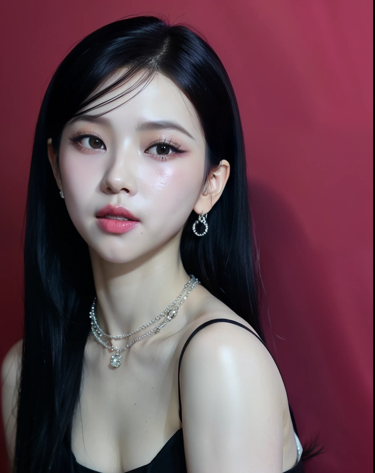 Araffe Asian woman with long black hair wearing a necklace and earrings, Ulzzang, maquiagem sul-coreana popular, pale porcelain white skin, Kim Doyoung, cruel korean goth girl, maquiagem coreana popular, Jinyoung Shin, Retrato de Jossi do Blackpink, jaeyeon nam, retrato de jisoo blackpink, young lovely korean face, linda jovem coreana, linda mulher sul-coreana