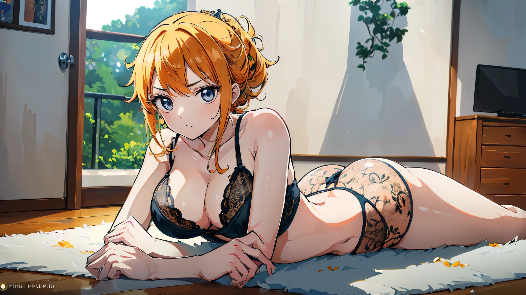 one-piece one-piece nami, vista de traz , cabelo laranja, Lindos olhos castanhos, ((vestindo lingerie sensual)) usando botas laranjas, peitos sexy, pose lasciva ,corpo todo, arms behind the back, ( fundo em chamas) (melhor qualidade, 4k, 8k, high resolution, obra de arte:1.2), ultra-detalhado, e (realista, foto realista, HDR, Ultra HD, studio lighting, pintura ultrafina, sharp focus,Nami Rosto, olho nami