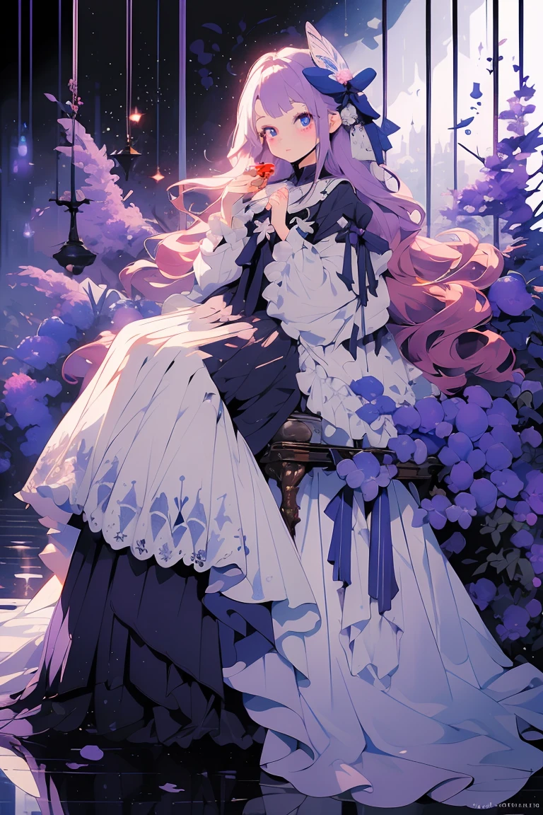 (masterpiece:1.2), best quality,PIXIV,fairy tale girl, 1 girl, violet hair, violet eyes, violet dress, lolita fashion, violet  theme