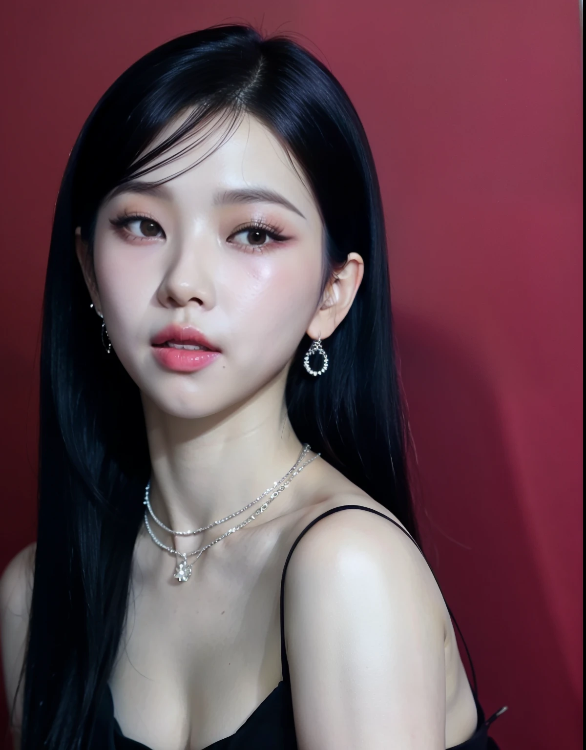 Araffe Asian woman with long black hair wearing a necklace and earrings, Ulzzang, maquiagem sul-coreana popular, pale porcelain white skin, Kim Doyoung, cruel korean goth girl, maquiagem coreana popular, Jinyoung Shin, Retrato de Jossi do Blackpink, jaeyeon nam, retrato de jisoo blackpink, young lovely korean face, linda jovem coreana, linda mulher sul-coreana