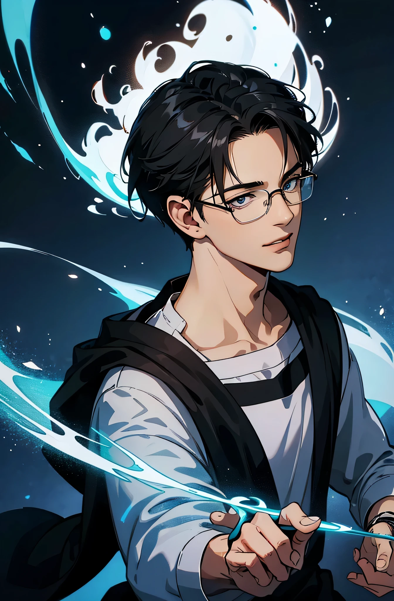 alone, male, Anime character with black-rimmed glasses and black hair, indifference, bored expression, Silhouette of the spirit behind the glowing character, dynamic lighting,18-year-old,smile,smile,