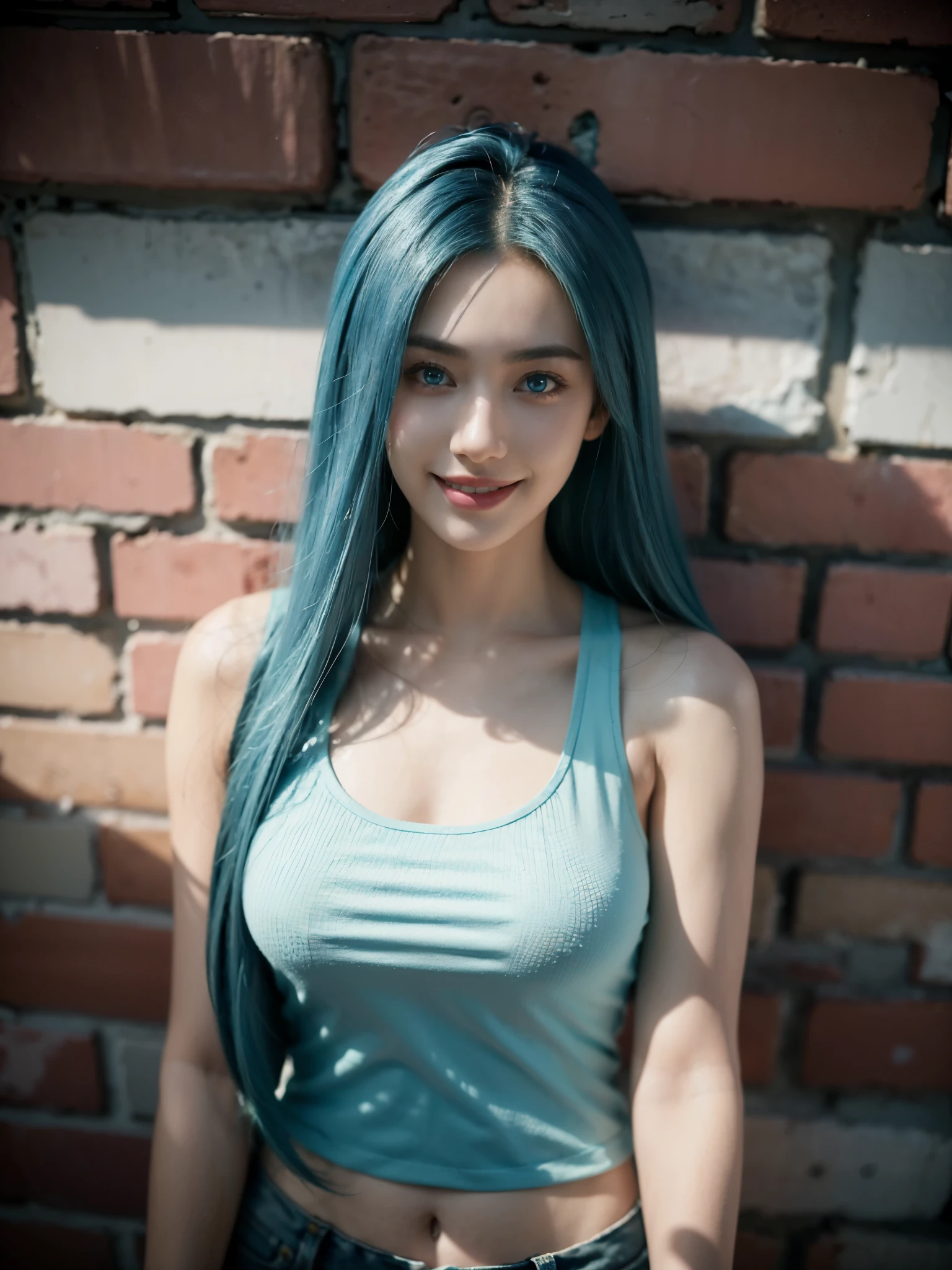 1girl, solo, a most beautiful woman with long aqua blue hair, (glowing aqua blue hair), (blue glowing eyes), Wearing (pink tank top) and mini shorts, Posing for photos in front of a brick wall, Slim girl model，24 years old female model，gigantic cleavage breasts，No bra, No top，Bare chest, (joyful laughing), charismatic, expressive, best quality, masterpiece, trending on pinterest, Tumblr, 3d, character design, dynamic, gorgeous, cute face, sensual, 4k, highly detailed, cute cool, charismatic smiling expression, photoshoot